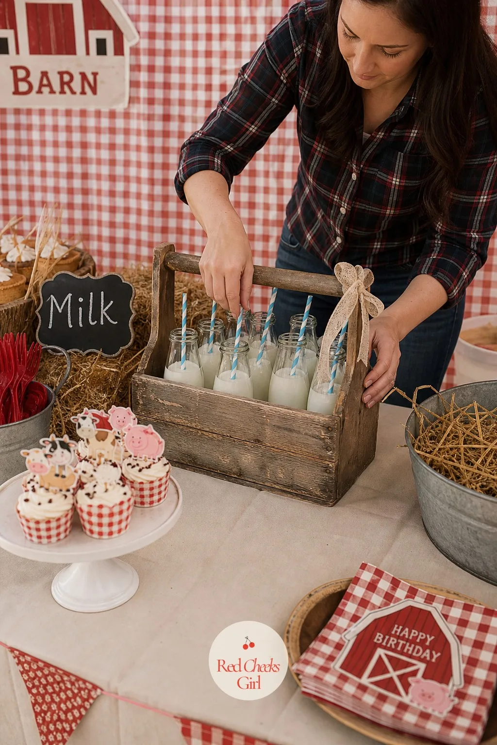 Milk Bottle Drink Station in a Vintage Crate — A row of juice boxes on a tray reads like a school lunch. Farm animal birthday party