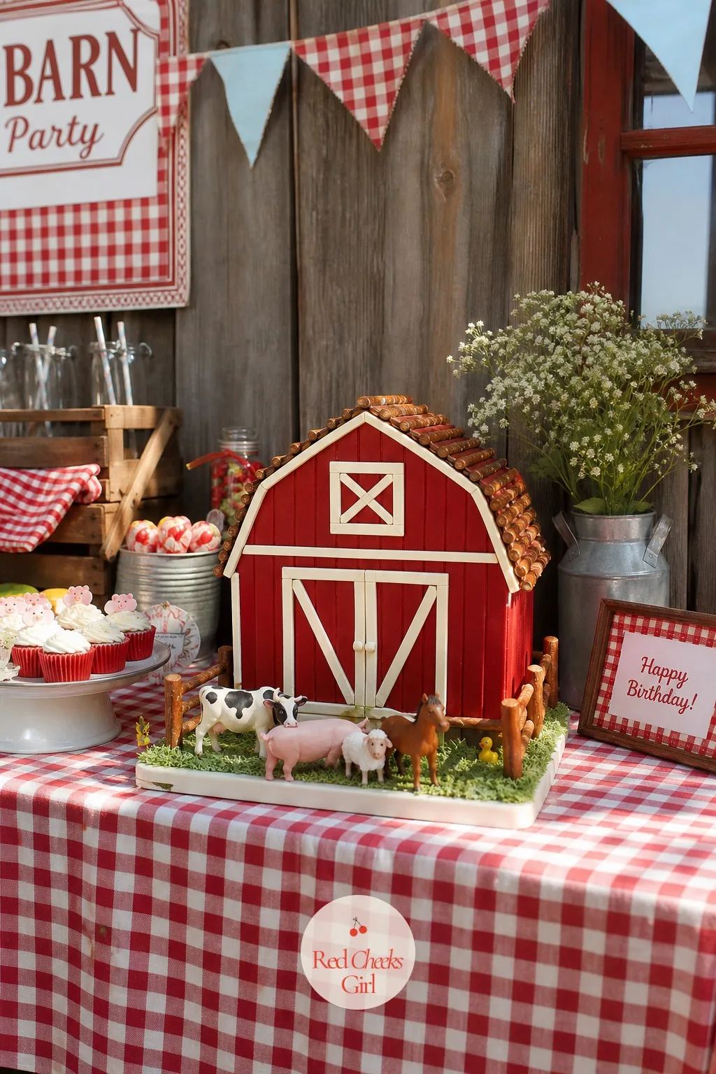 Red Barn Cake on a Gingham Table — A sheet cake alone sits flat on a table and does nothing for the eye. Farm animal birthday party