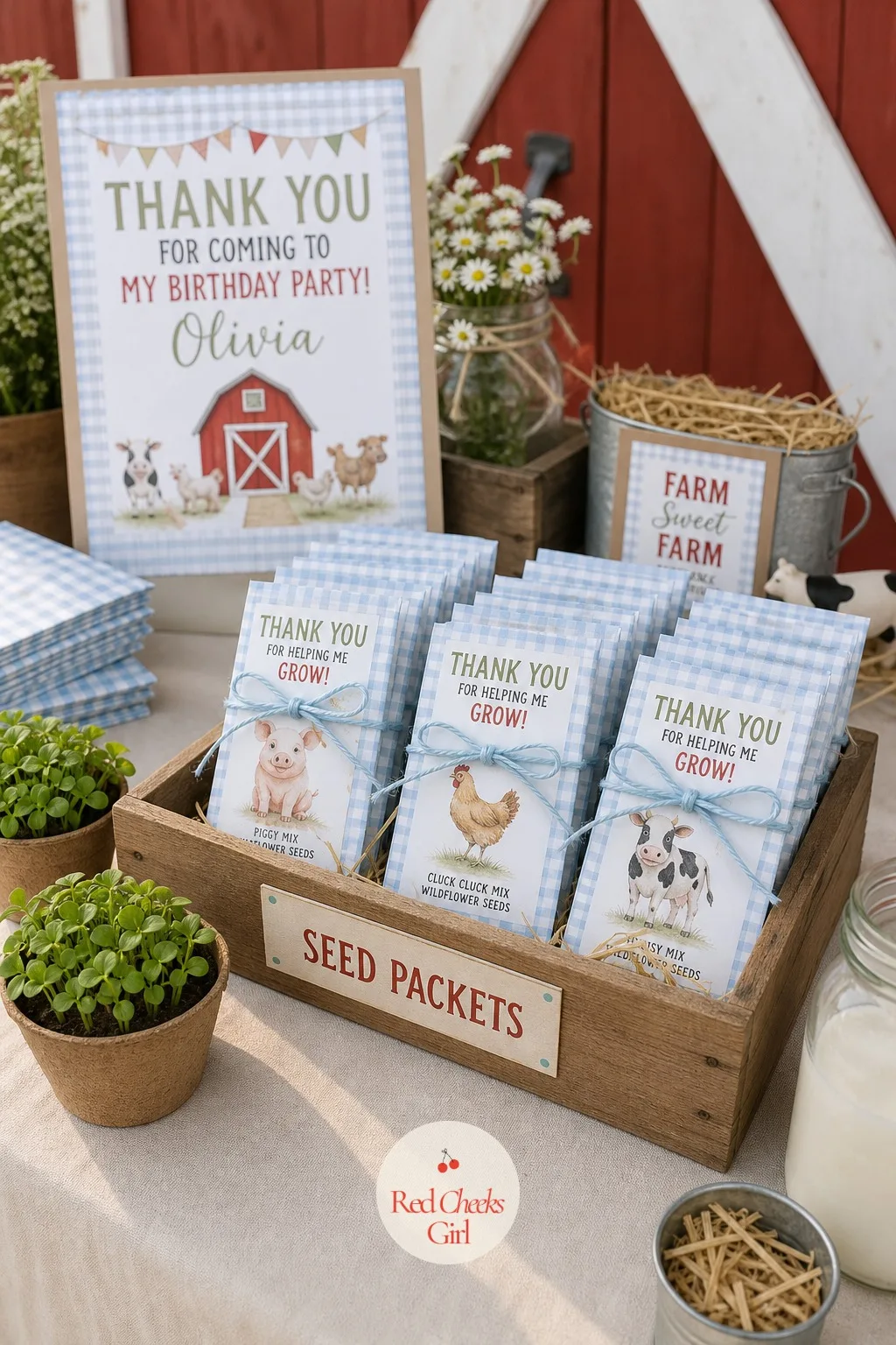 Seed Packet Favor Crate — A shallow wooden crate holds neat rows of seed packets, each one tied closed with a loop of sky blue twine, sitting on a cream