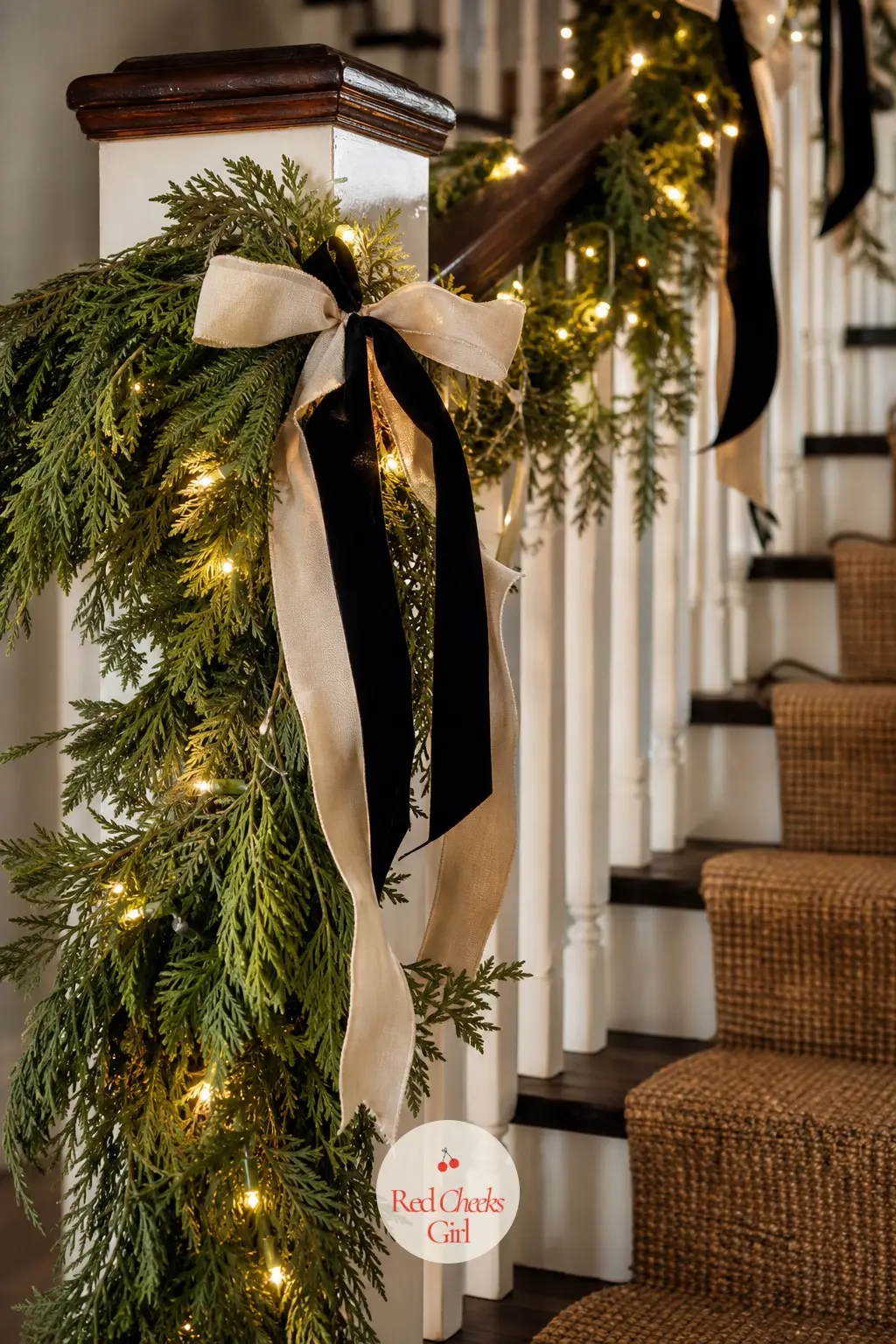 The Banister Garland — The staircase is the one place in the house where more is correct: a long run of garland wound through the banister, black and cream