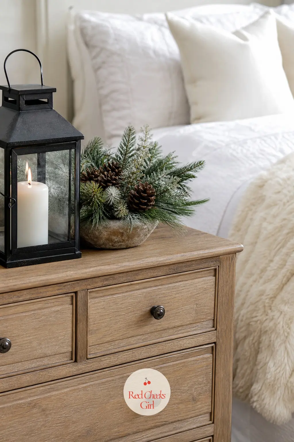 The Bedroom Dresser — The last corner in the house is the most private one: a cream faux fur throw folded at the end of the bed, a small black lantern on the