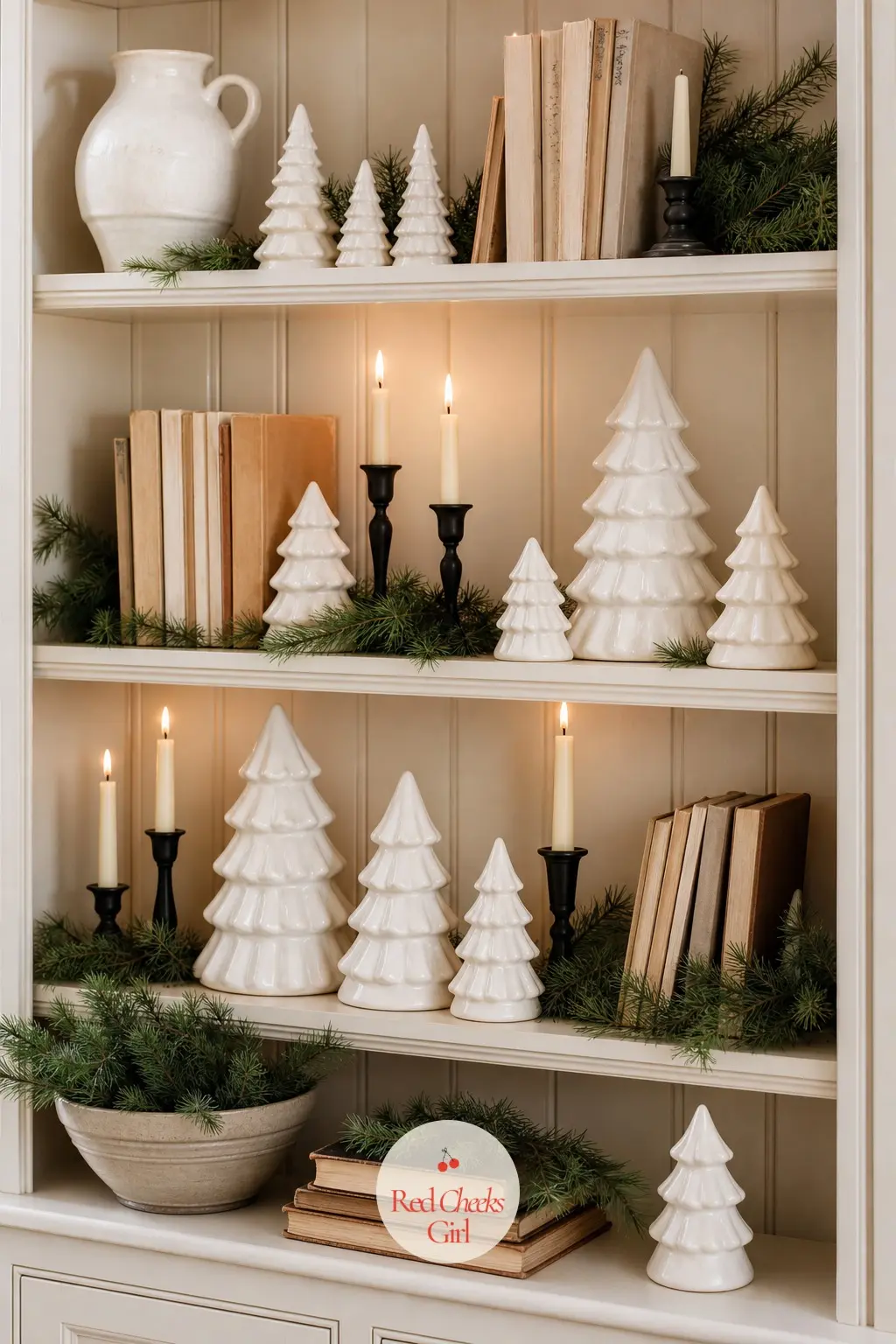The Bookshelf or Built-in — Built-ins and ladder shelves earn their Christmas budget here: a cluster of white ceramic trees in different heights, a black