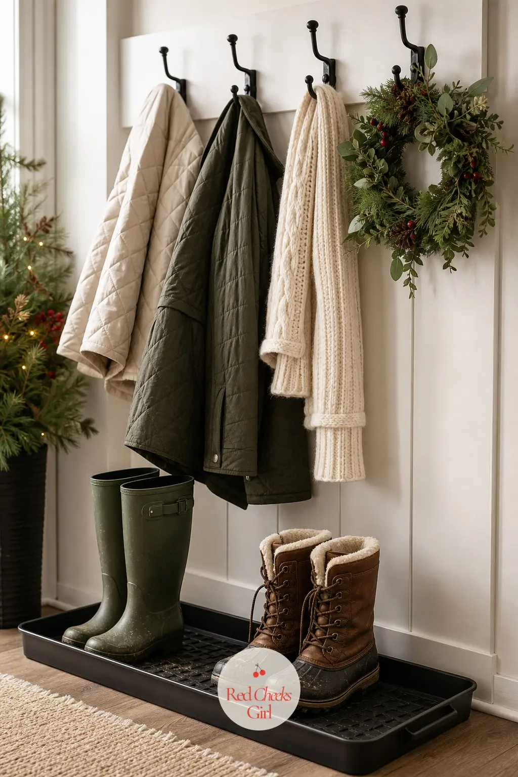 The Boot Tray and Coat Hooks — This is the corner nobody styles and everybody uses, which is exactly why it deserves ten minutes: a black boot tray underneath