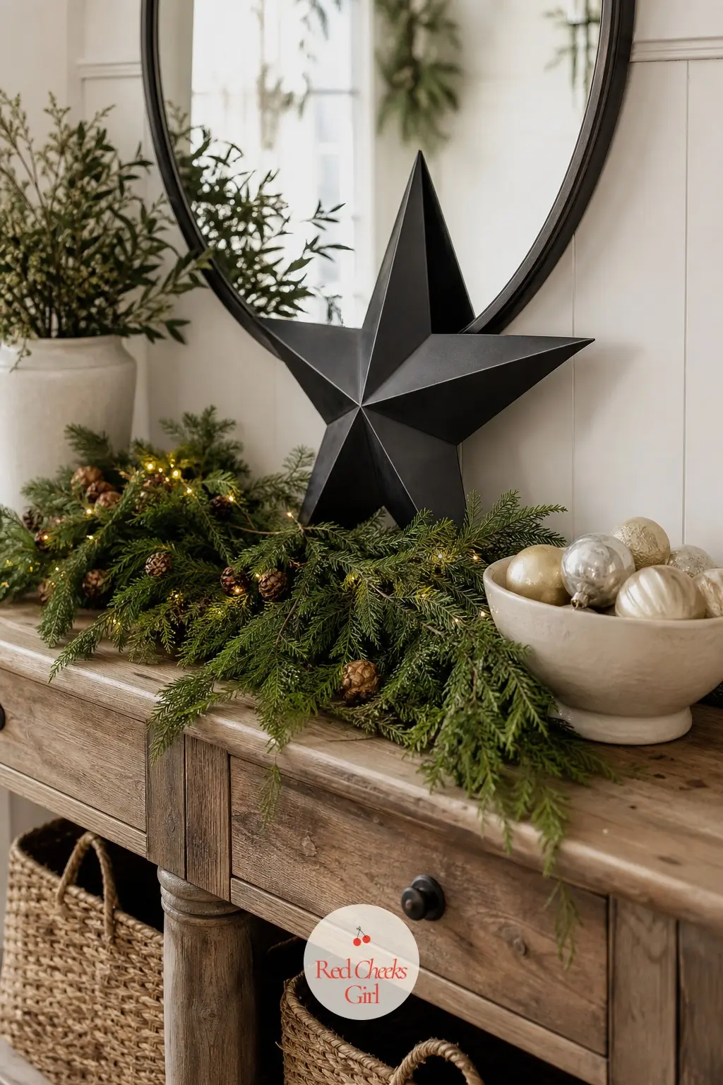 The Console Table — Just inside the door, a console table holds a short line of fresh greenery, a black metal star leaning against the mirror behind it, and a