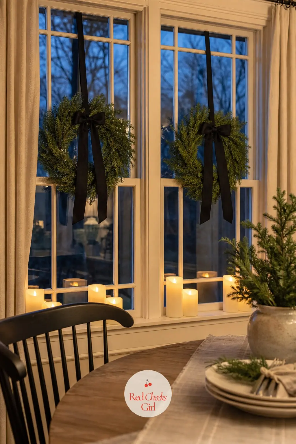 The Dining Room Windows — A wreath on each window turns the dining room into a box of candlelight from the street, and it is one of the few places where the