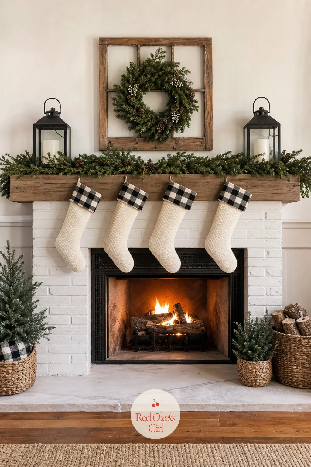 The Fireplace Mantel — The mantel is where the motif gets its clearest moment: stockings in black and cream buffalo check cuffs, lined up evenly, with fresh