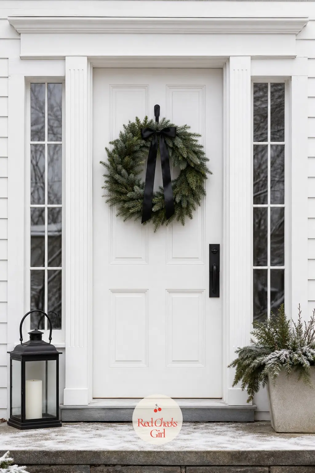 The Front Door — One generous wreath, one black ribbon, nothing else: the front door only needs to say the palette clearly before a guest even steps inside.