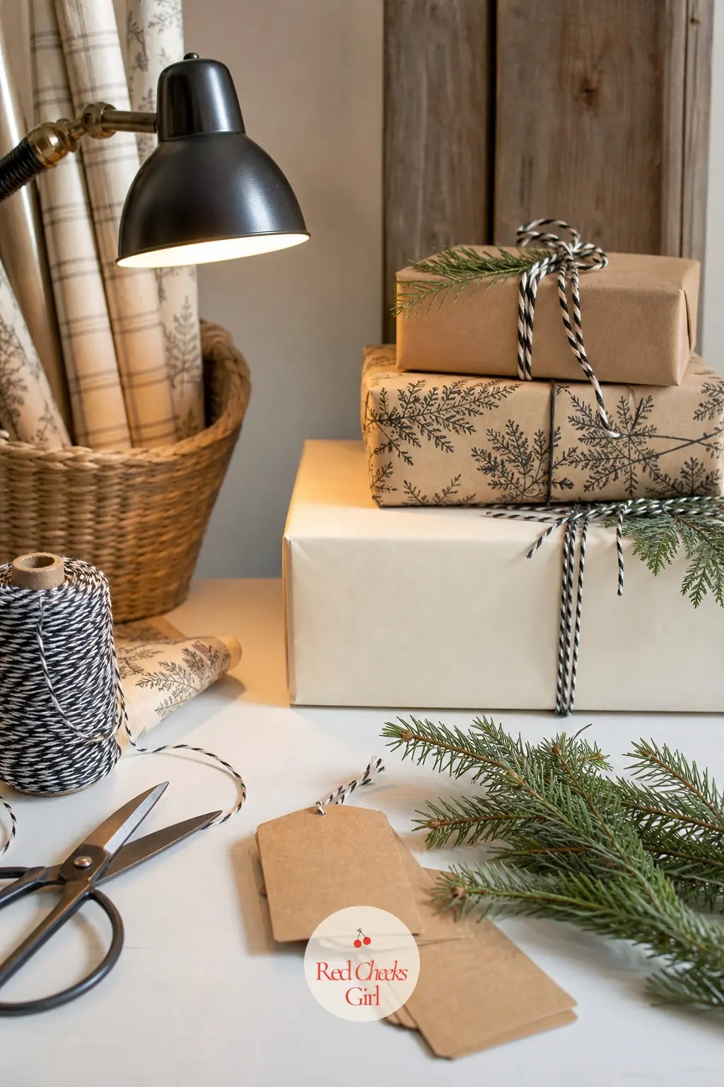 The Gift Wrapping Corner — A small table or a cleared corner of a desk becomes the wrapping station for the whole season: cream paper rolled out, black and