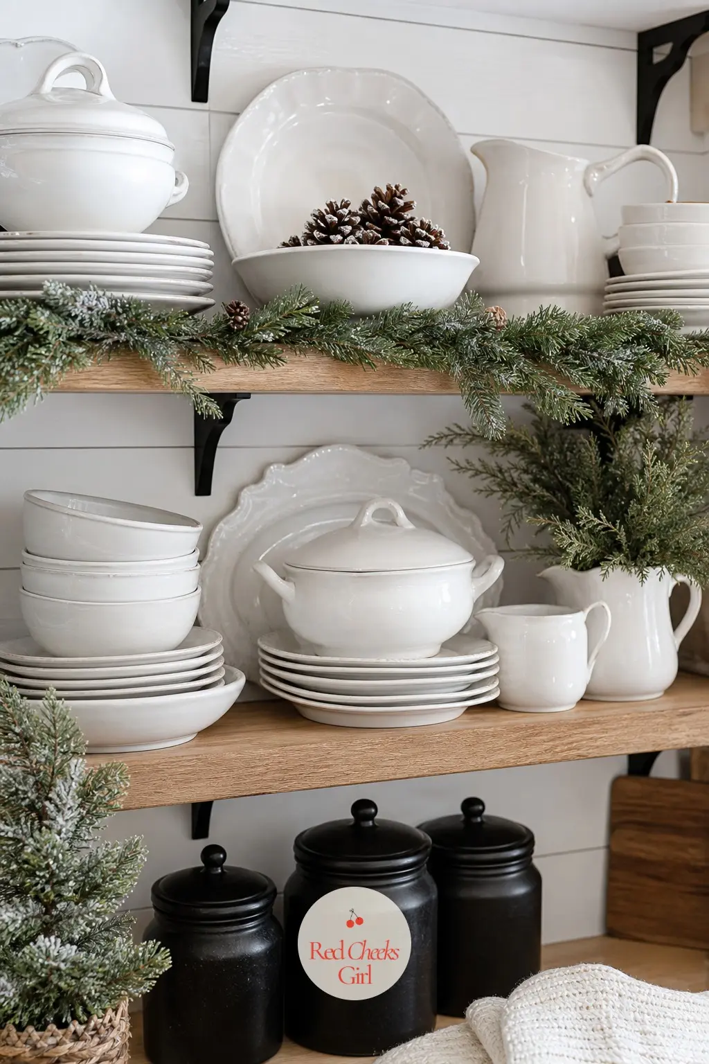 The Open Shelving — Open shelves in a farmhouse kitchen already do most of the decorating work year round, so Christmas only needs a light touch: white