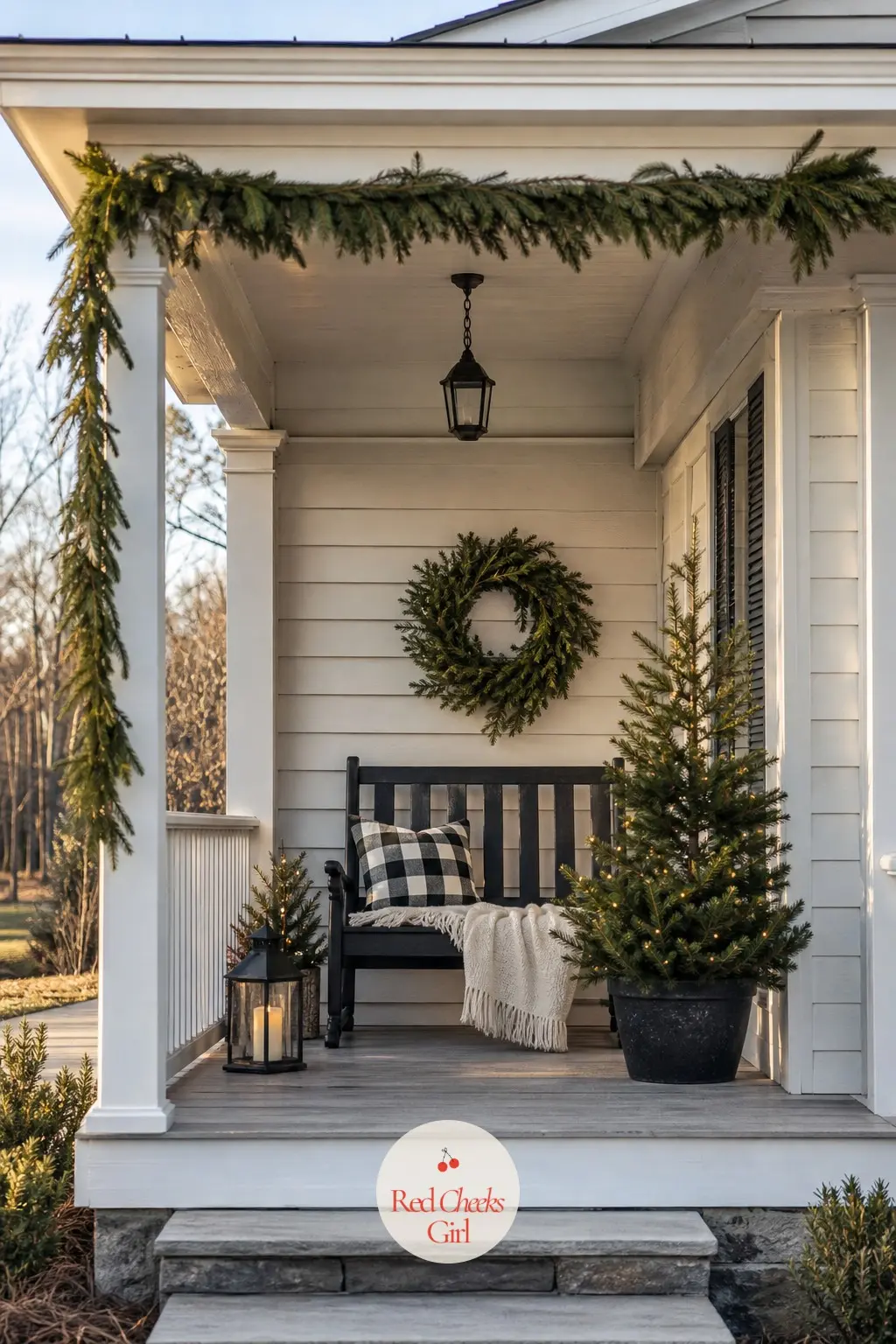 The Porch Bench or Rockers — A bench or a pair of rockers only needs a throw and a cushion to look dressed for the season: cream wool over the seat, a buffalo