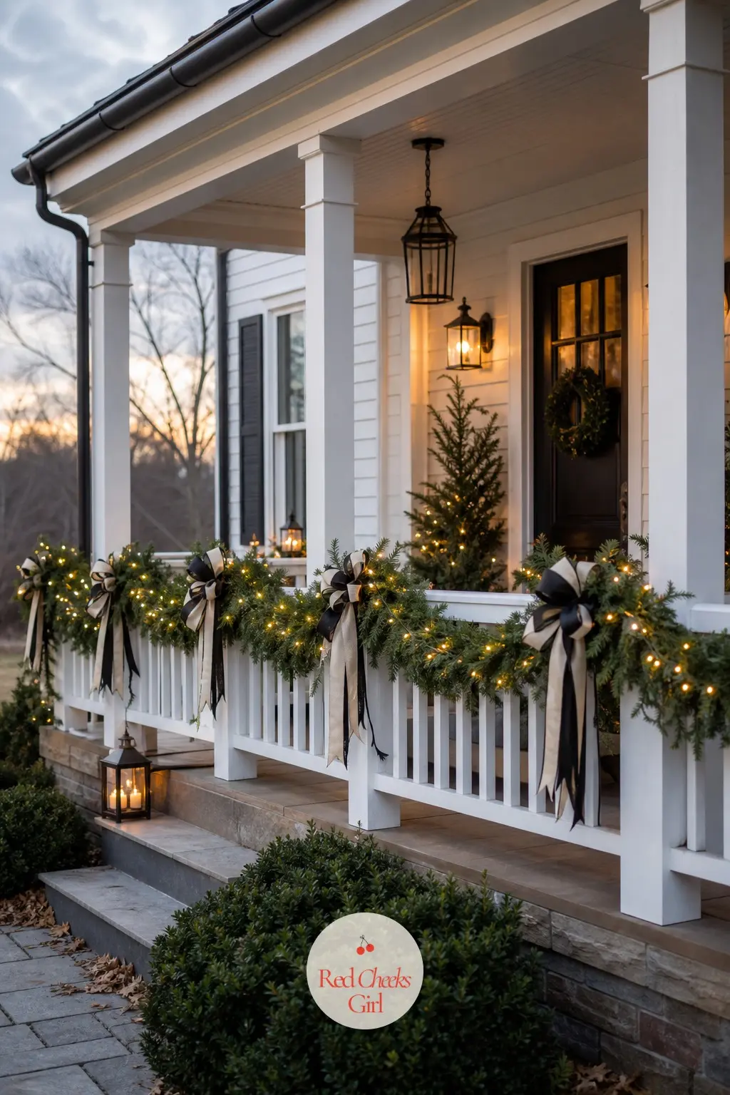 The Porch Railing Garland — A long run of garland along the porch railing is the outdoor cousin of the staircase inside: the same black and cream ribbon, the