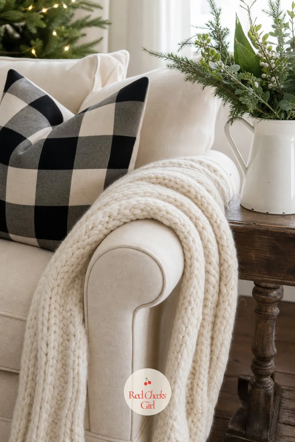 The Sofa and Its Throws — This corner is pure texture: a cream chunky knit throw folded over the arm, two buffalo check pillow covers against plain cream ones
