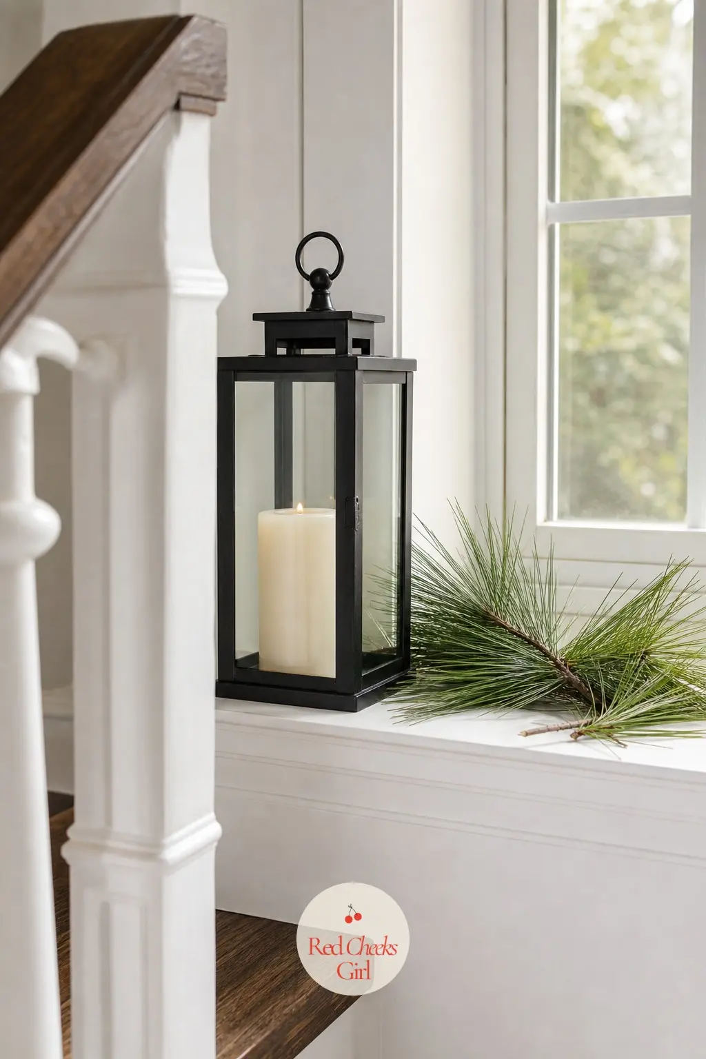 The Stair Landing — Wherever the stairs turn or land, a small still life finishes the gesture started on the banister: a black lantern, a stem of fresh pine