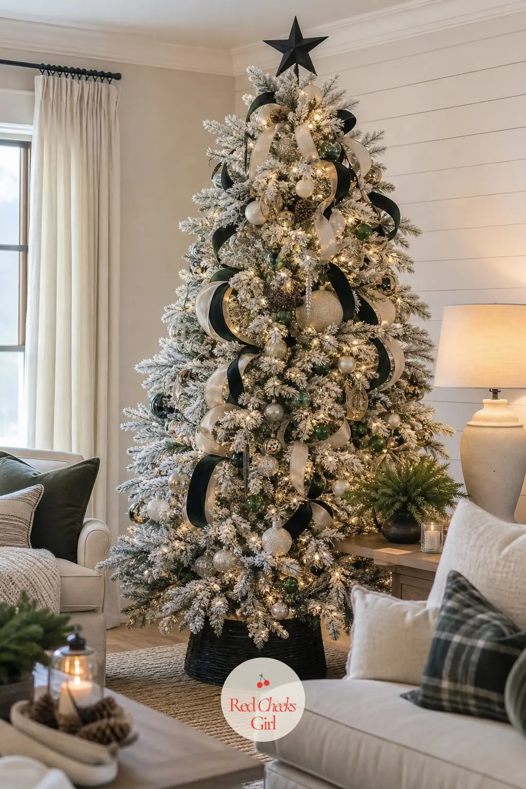 The Tree, Dressed in Cream and Green — A flocked or frosted tree does the heaviest lifting in the whole house: it reads as white and fresh green at once