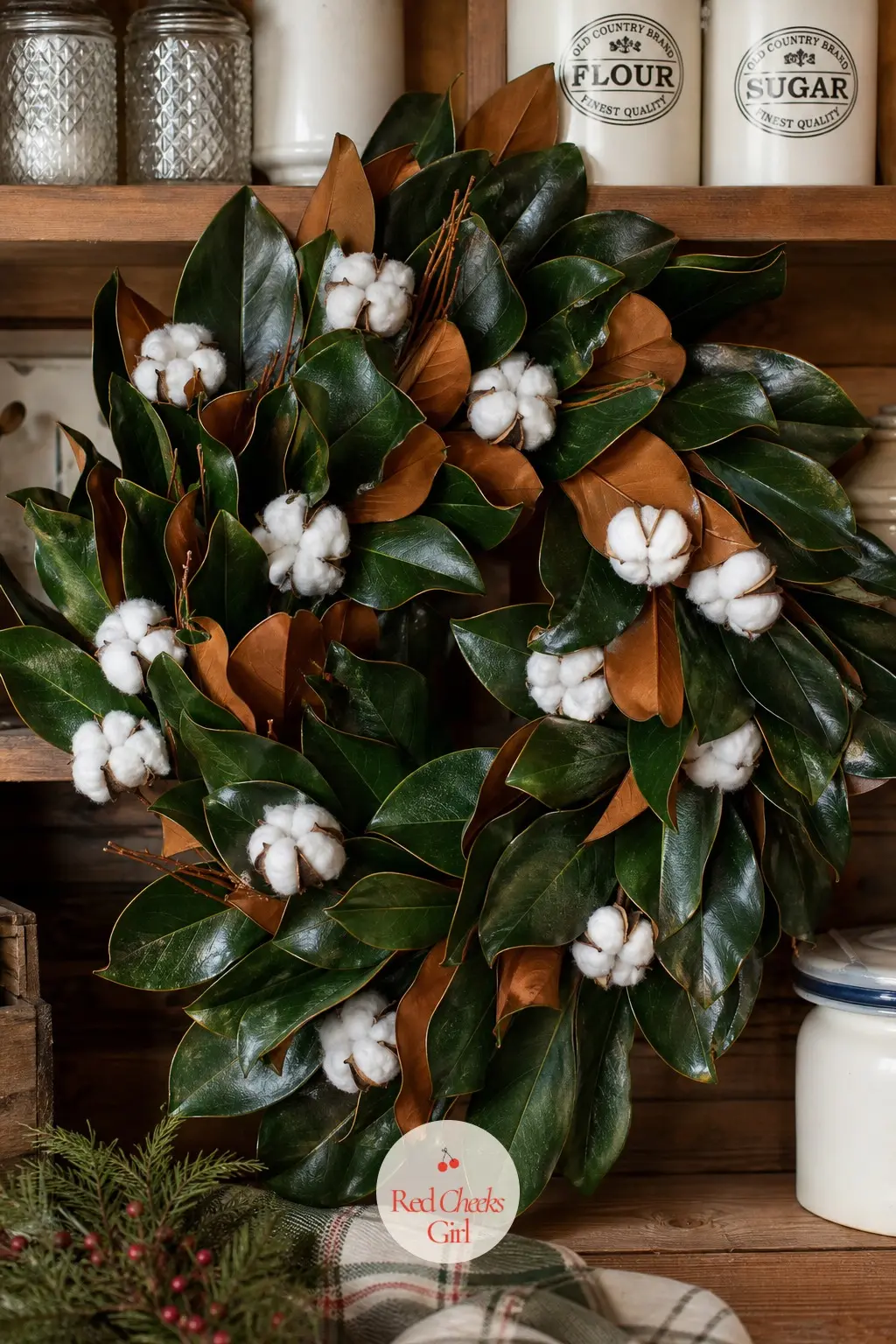 The Cotton Boll and Magnolia Leaf Wreath for the Canning Pantry Shelf — Deep green magnolia leaves with their bronze undersides flipped outward give this