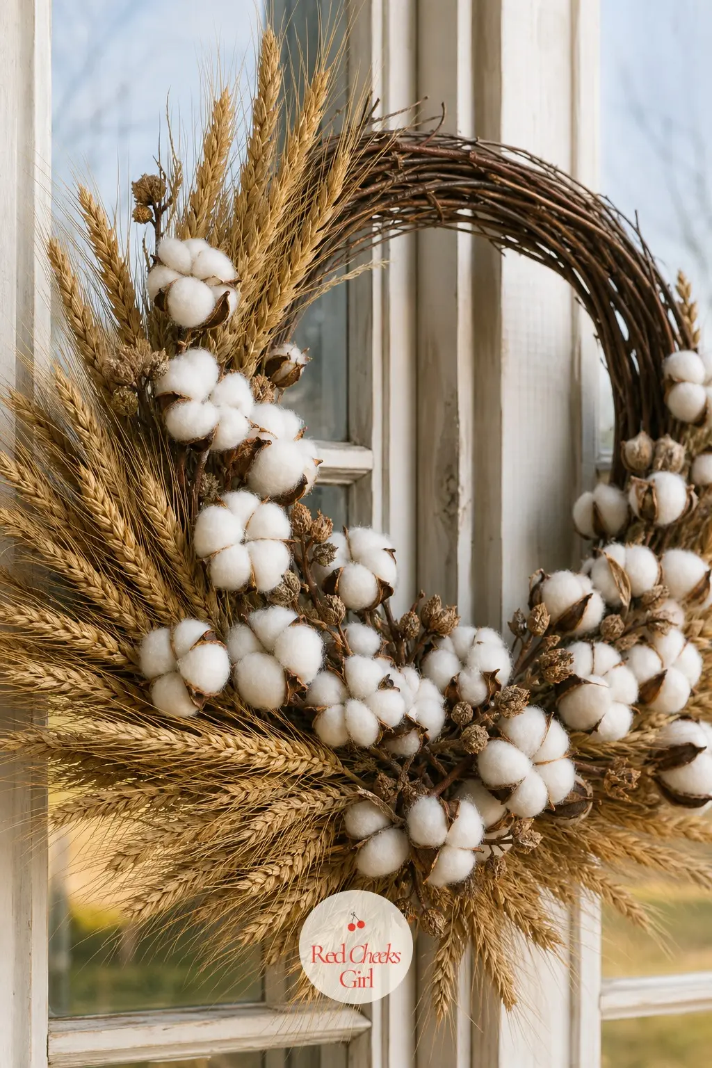 The Cotton Stem and Dried Wheat Wreath for the Farm Stand Window — Golden dried wheat bundles sit alongside cotton stems here, the two materials close enough