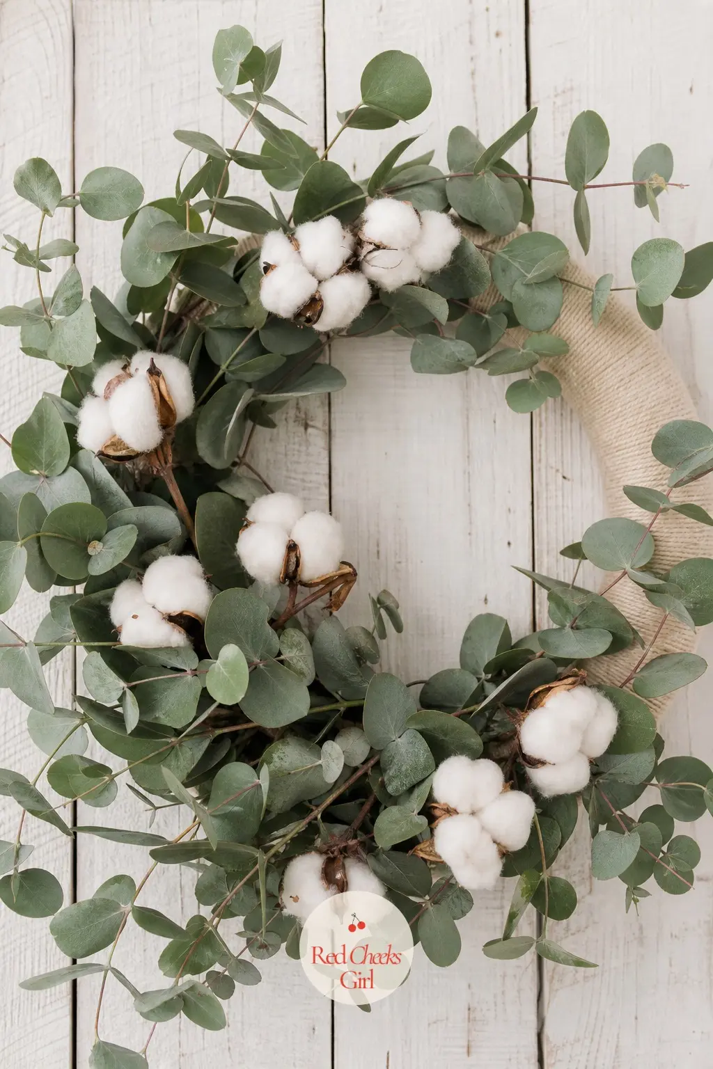 The Cotton Stem and Eucalyptus Wreath for the Keeping Room Wall — Silvery eucalyptus rounds out the usual cream-on-cream look of a cotton wreath, giving it a