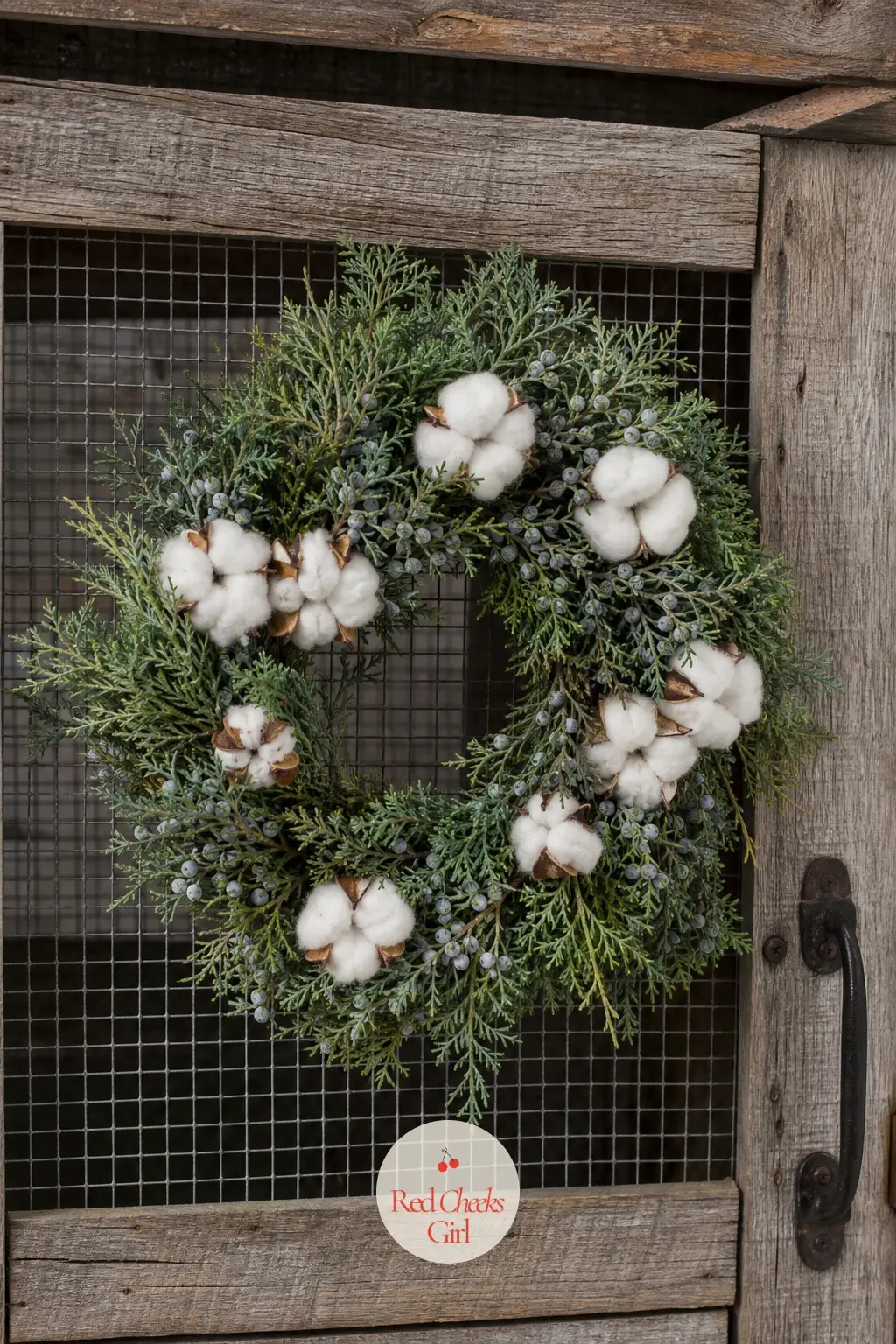 The Cotton Stem and Juniper Wreath for the Chicken Coop Door — Blue-green juniper with its dusty powder-blue berries gives this one a cooler cast than most