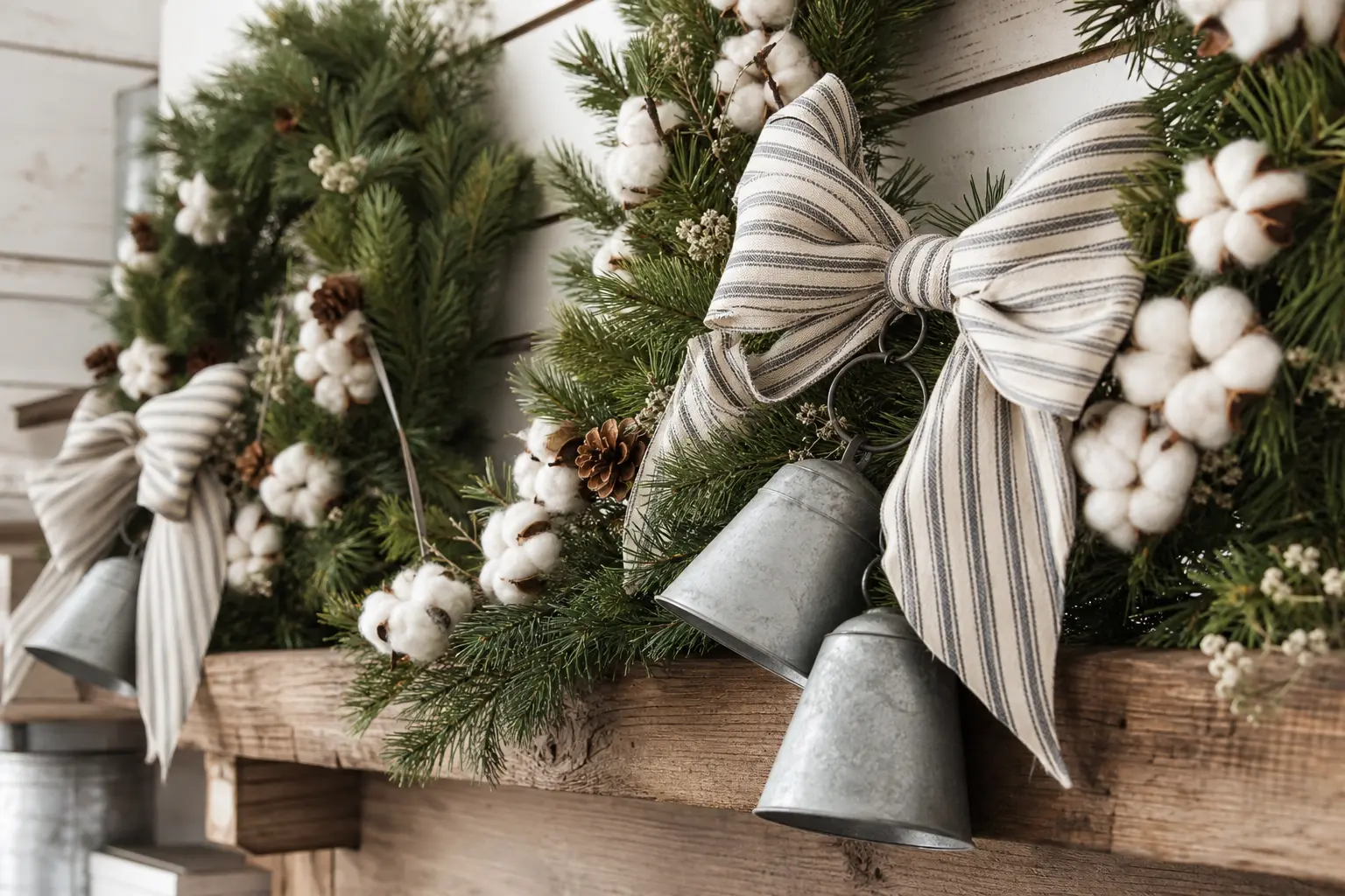 21 Farmhouse Christmas Wreaths With Galvanized Bells, Cotton Stems and Ticking Stripe Bows
