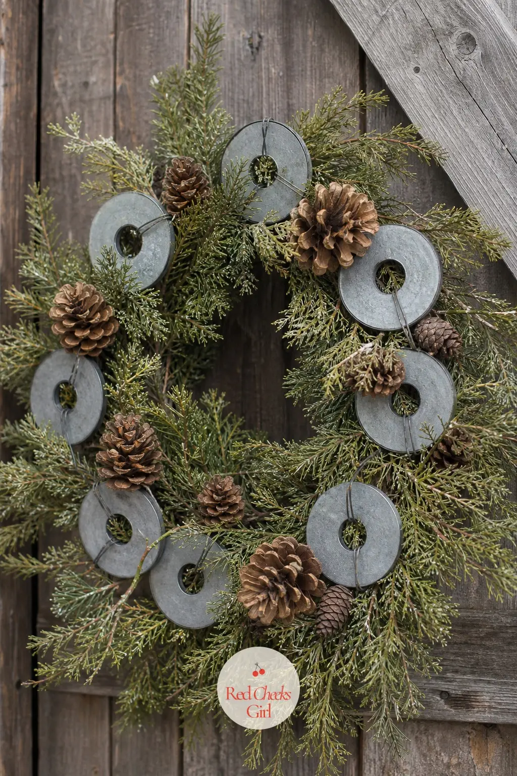 The Galvanized Washer and Pinecone Wreath for the Tool Shed Door — A tool shed earns something a little more industrial: oversized galvanized washers wired