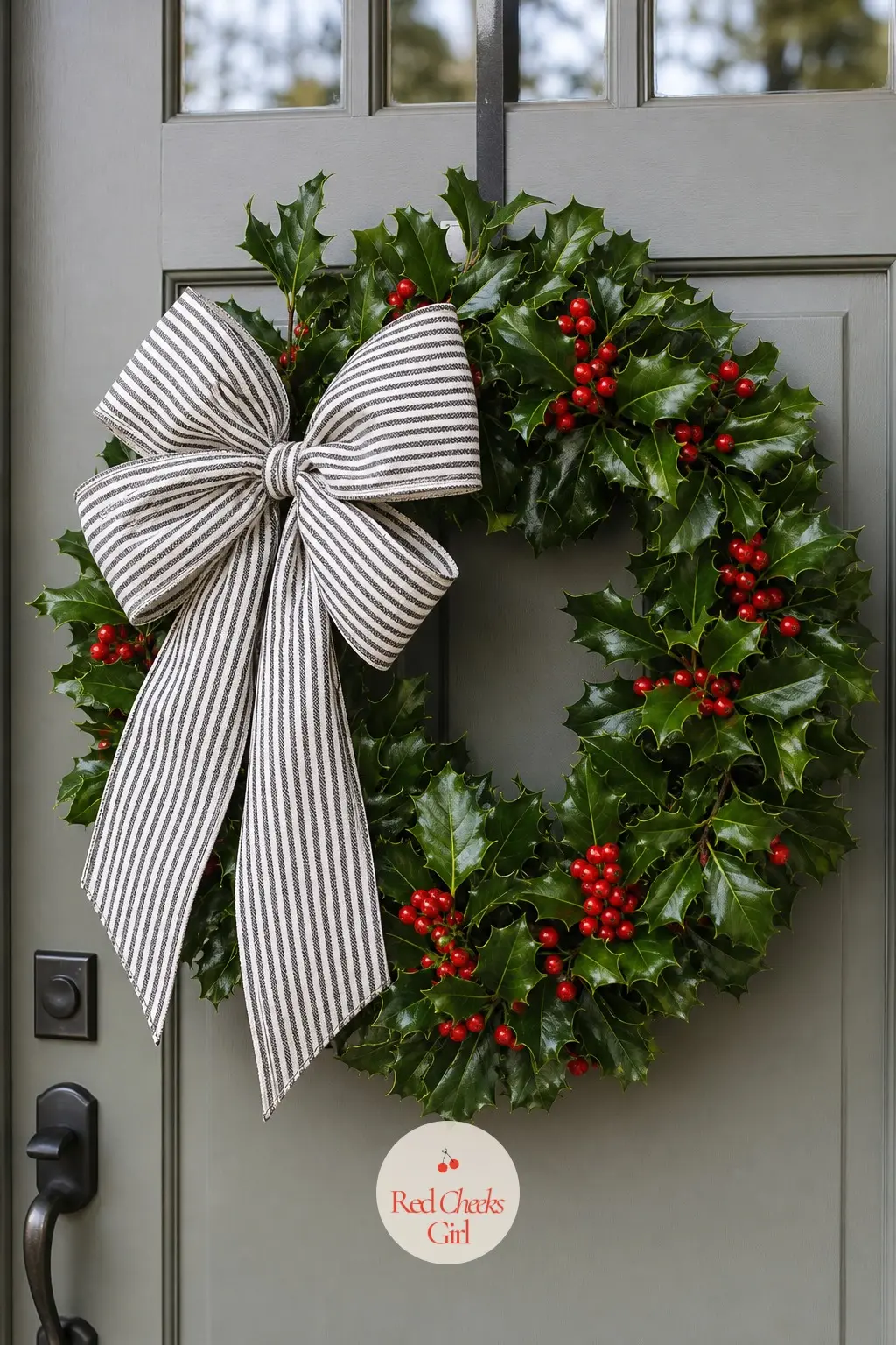 The Ticking Stripe Bow and Holly Wreath for the Side Entry Door — Black and white ticking stripe against glossy holly leaves and real red berries reads more