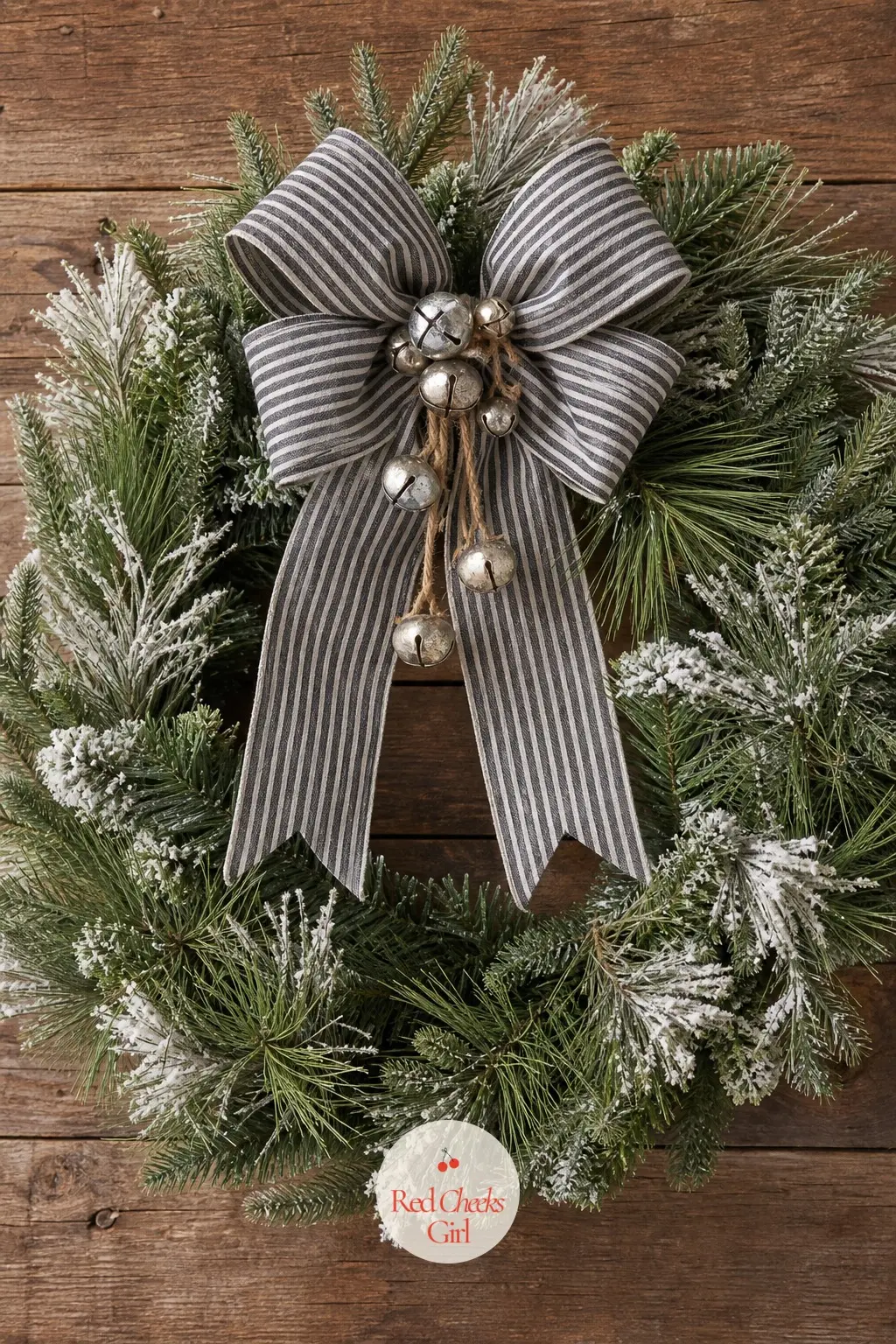 The Ticking Stripe Bow and Silver Bell Wreath for the Tack Room Wall — Charcoal ticking stripe and a cluster of small silver bells sit against white pine here