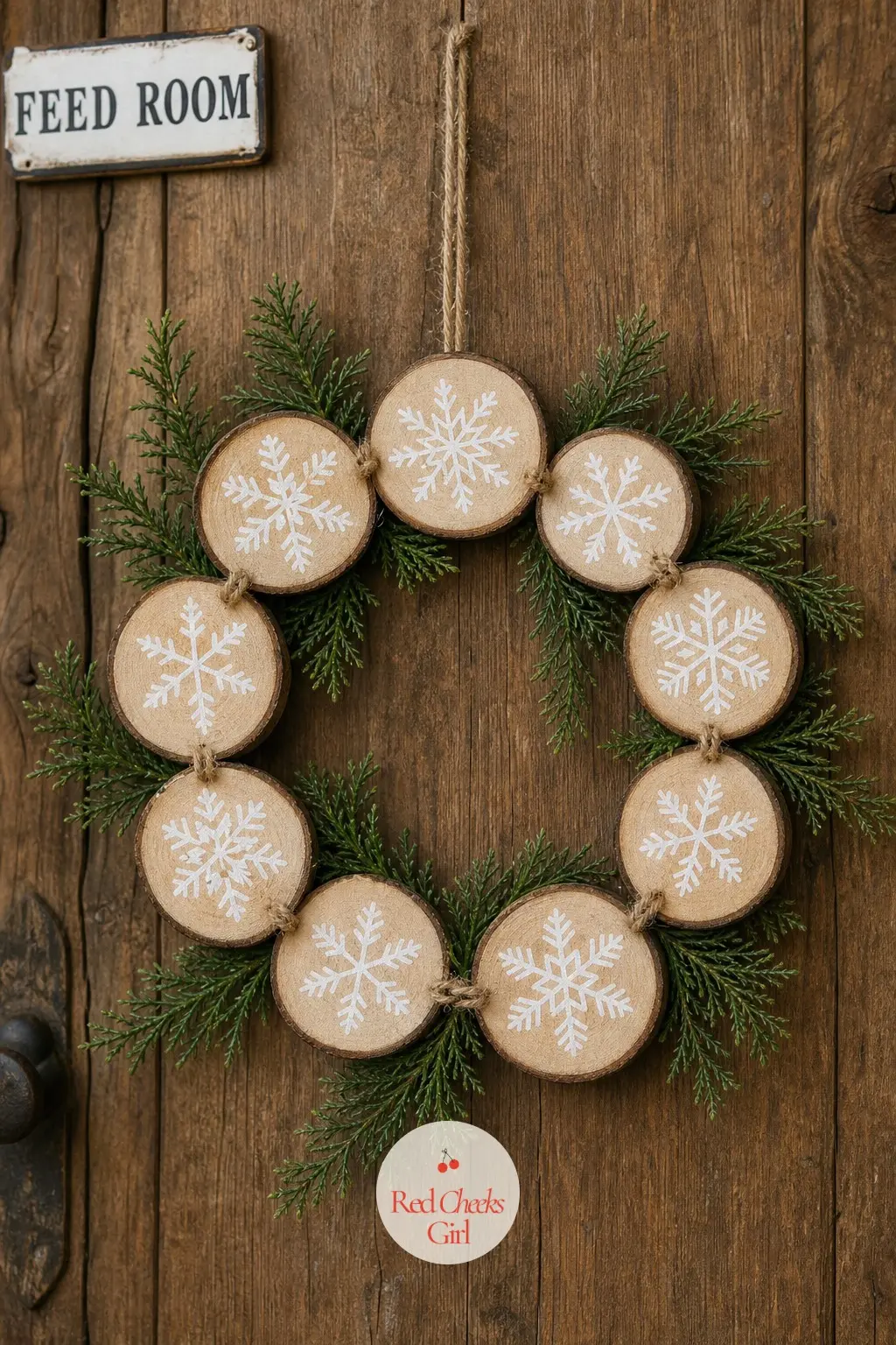 The Wood Slice Snowflake Wreath for the Feed Room Door — Pale wood slices, each hand-painted with a simple white snowflake, hang in a loose ring with a few