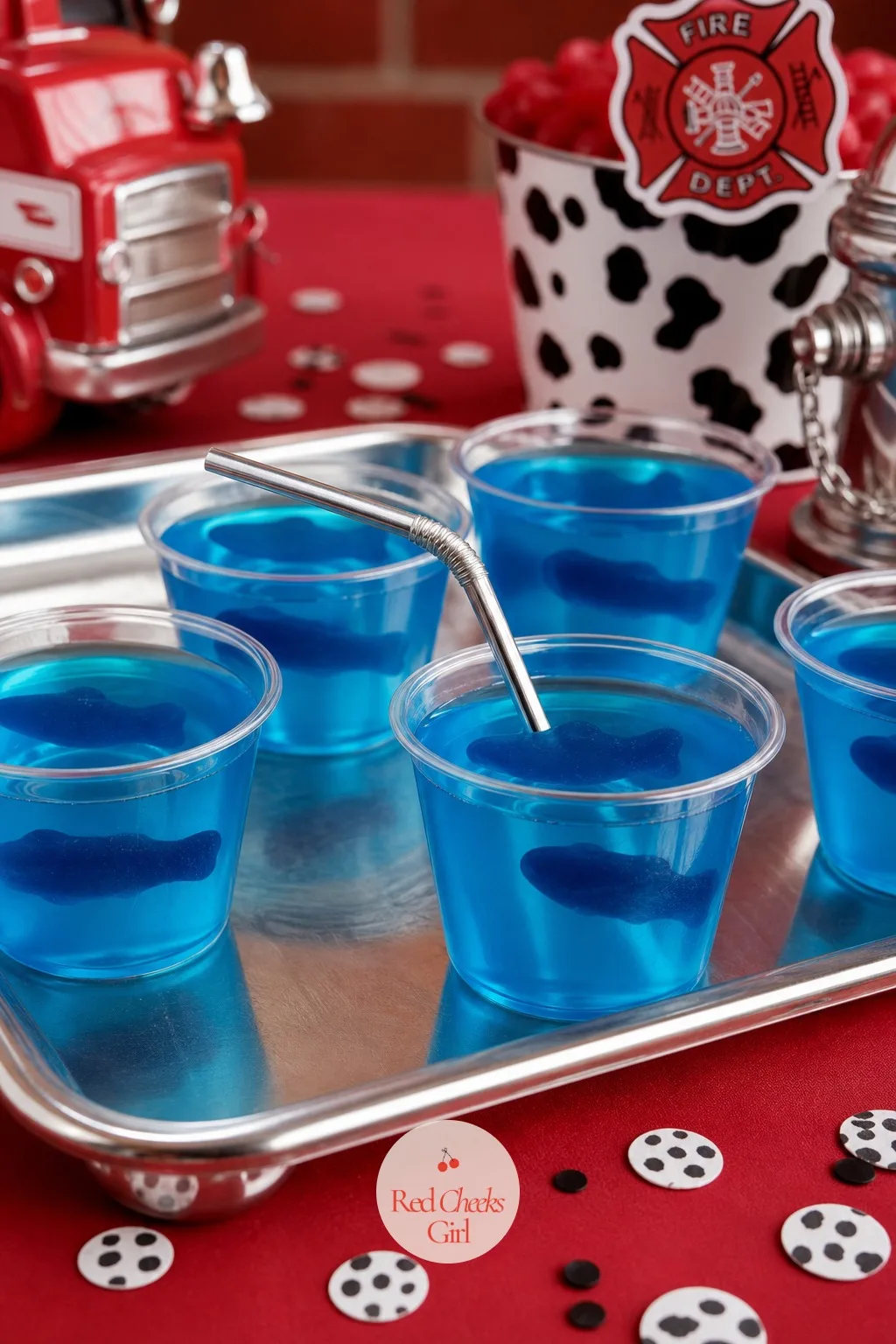 Blue Gelatin Water Cups — Every firehouse table needs its water, and the funniest version on this one is not wet at all. Fire truck birthday party ideas