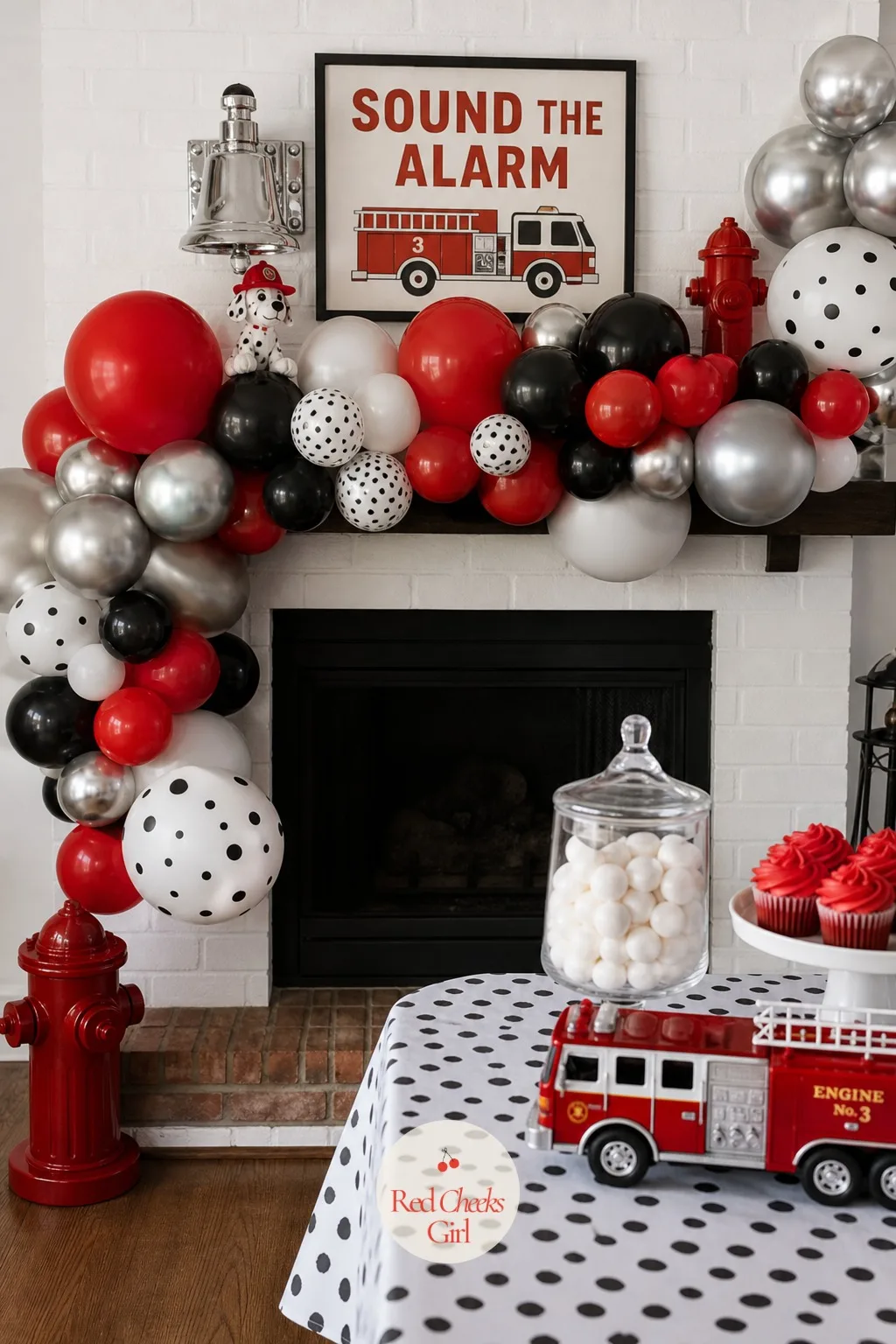 Dalmatian-Spot Balloon Garland — A single string of matching balloons looks like a child's party. Fire truck birthday party ideas