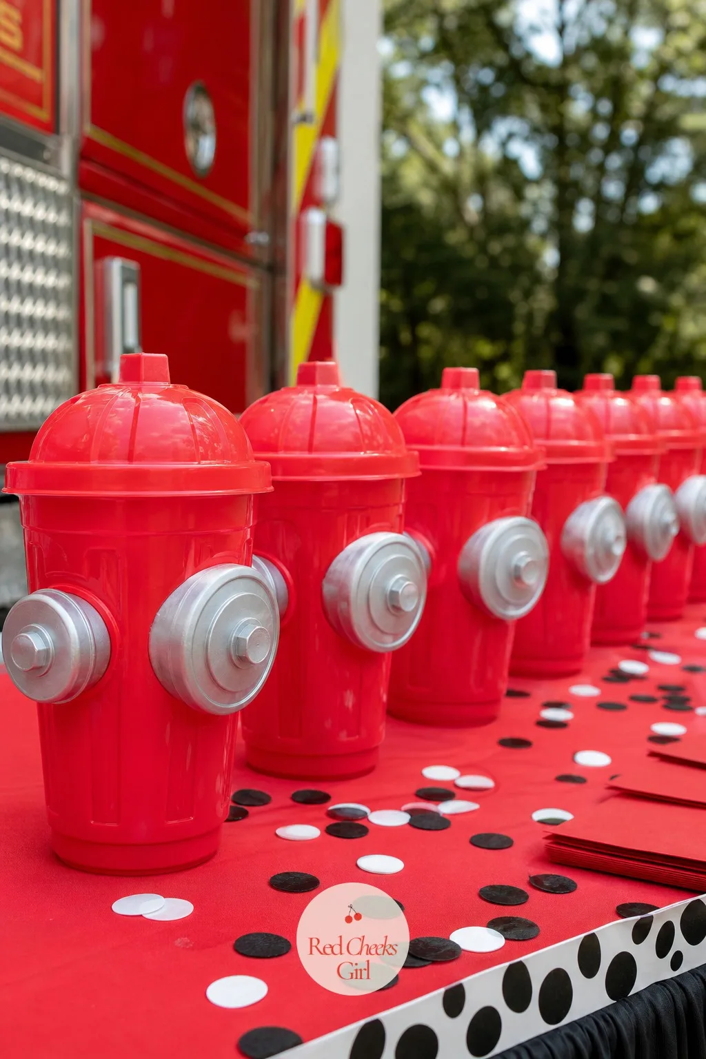 Fire Hydrant Cups — A plain red plastic cup does half the work already. Fire truck birthday party ideas