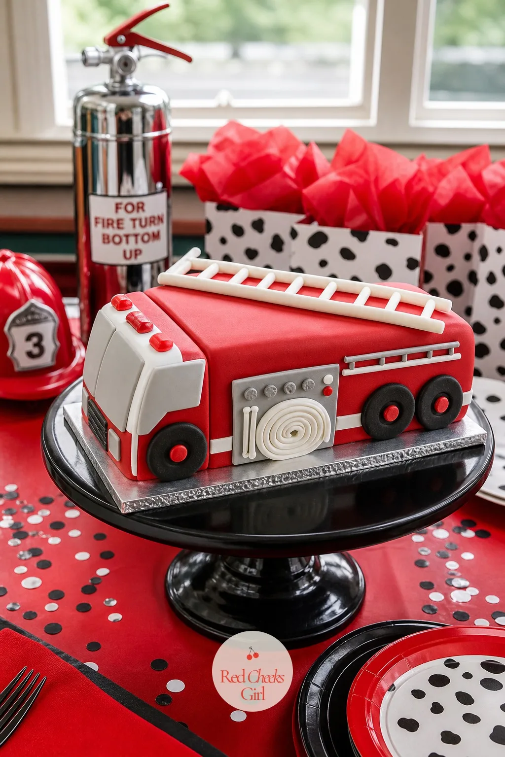 Fire Truck Cake — She does not need a specialty truck-shaped pan to pull this off, and that is the part worth knowing before she talks herself out of it. Fire