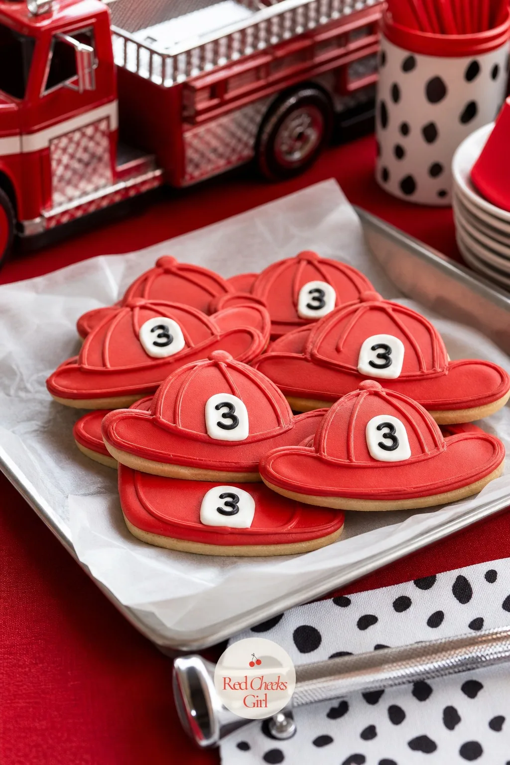 Firefighter Hat Cookies — Plain sugar cookies on a platter say nothing about the party happening around them. Fire truck birthday party ideas