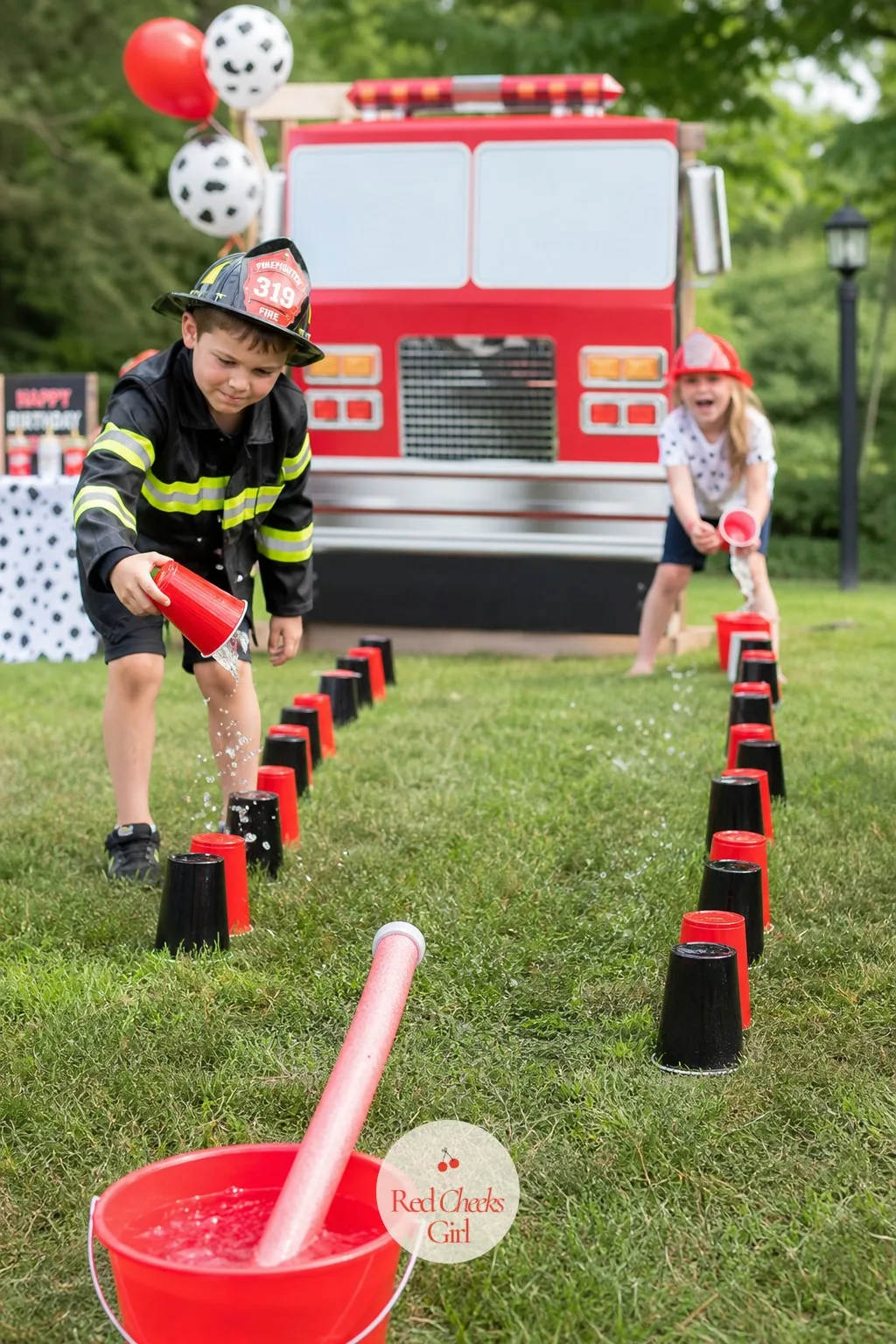 Hose Line Bucket Brigade — Every firehouse story has a line of people passing buckets, and children understand teamwork fastest when it looks exactly like
