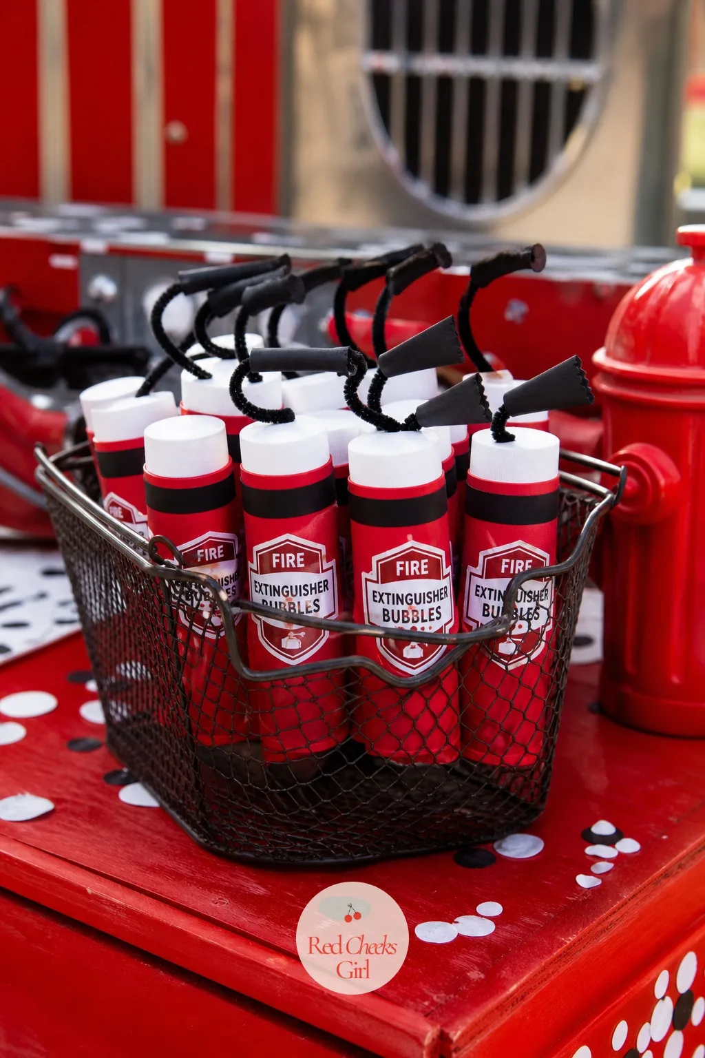 Mini Fire Extinguisher Bubble Bottles — Bubbles are the one favour that never gets left in a drawer. Fire truck birthday party ideas