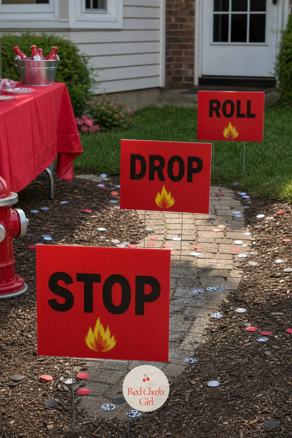 Stop, Drop and Roll Sign Trail — Guests arriving at a plain front door get no warning of what is inside. Fire truck birthday party ideas