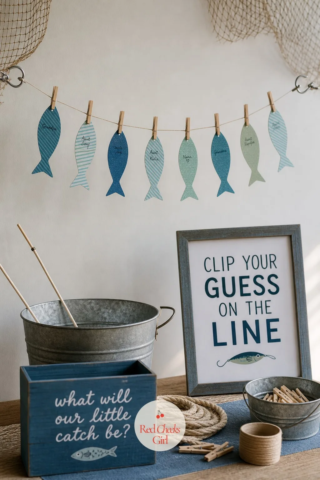 Clip Your Guess on the Line — A prediction board on an easel gets crowded and hard to read by the third hour. Fishing baby shower theme