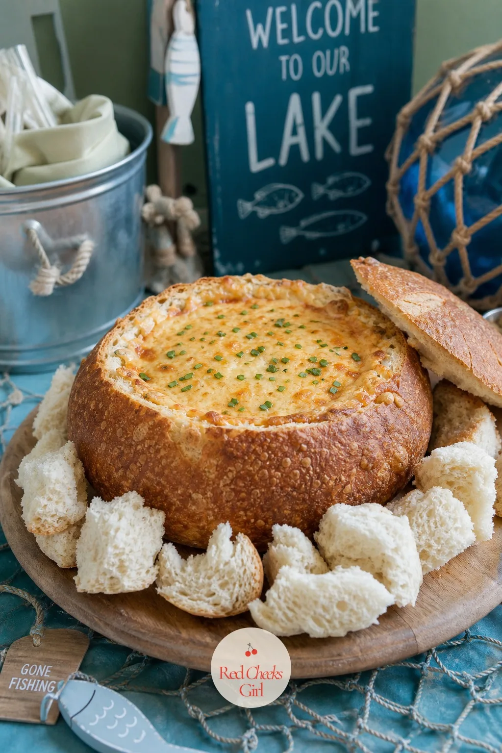 Crab Dip in a Bread Bowl — A dip in a plastic tub does not survive the first photograph taken before guests arrive. Fishing baby shower theme