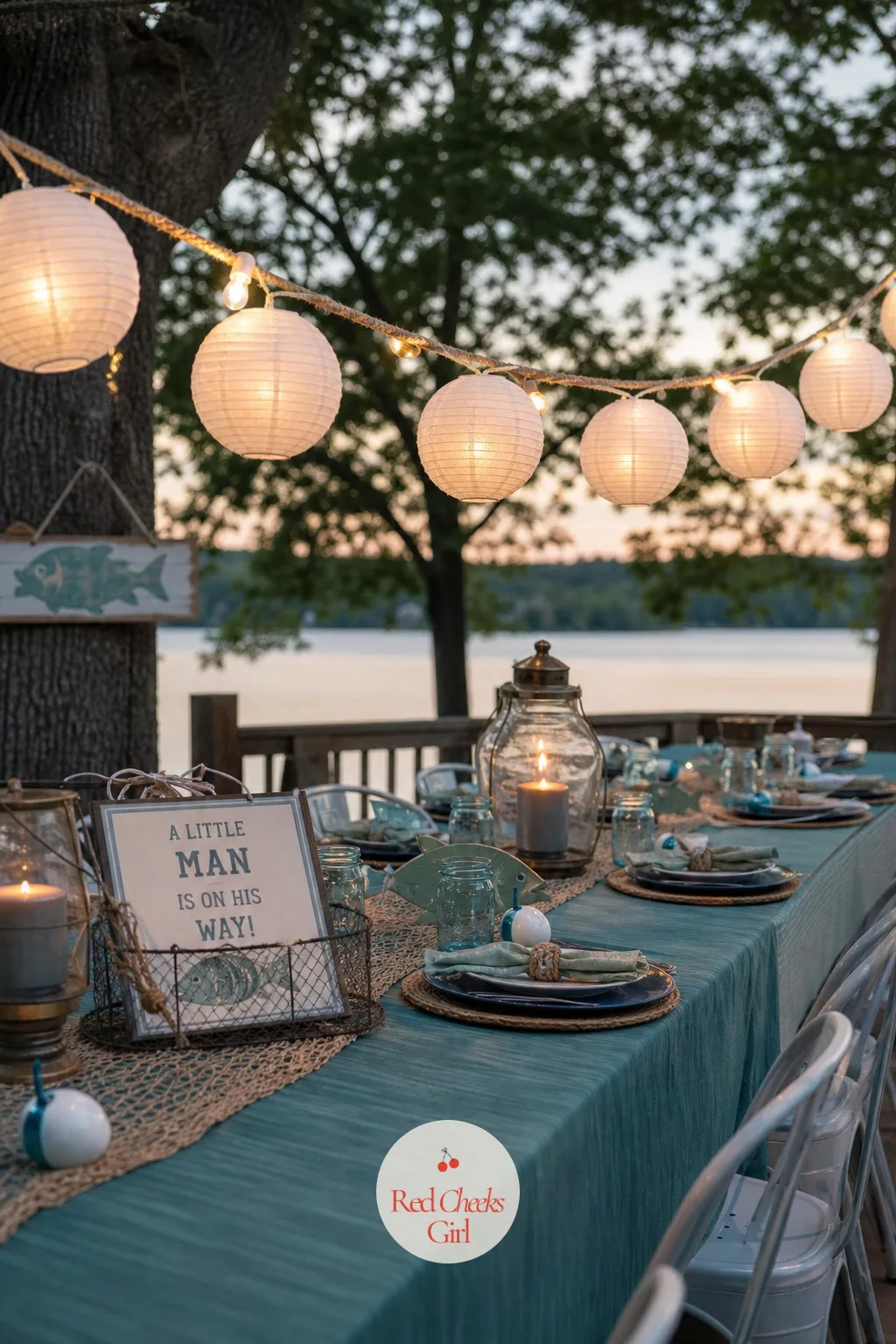 Lantern String Lights Over the Table — Daytime showers lose all their warmth the moment the overhead lights come on for cake cutting. Fishing baby shower theme