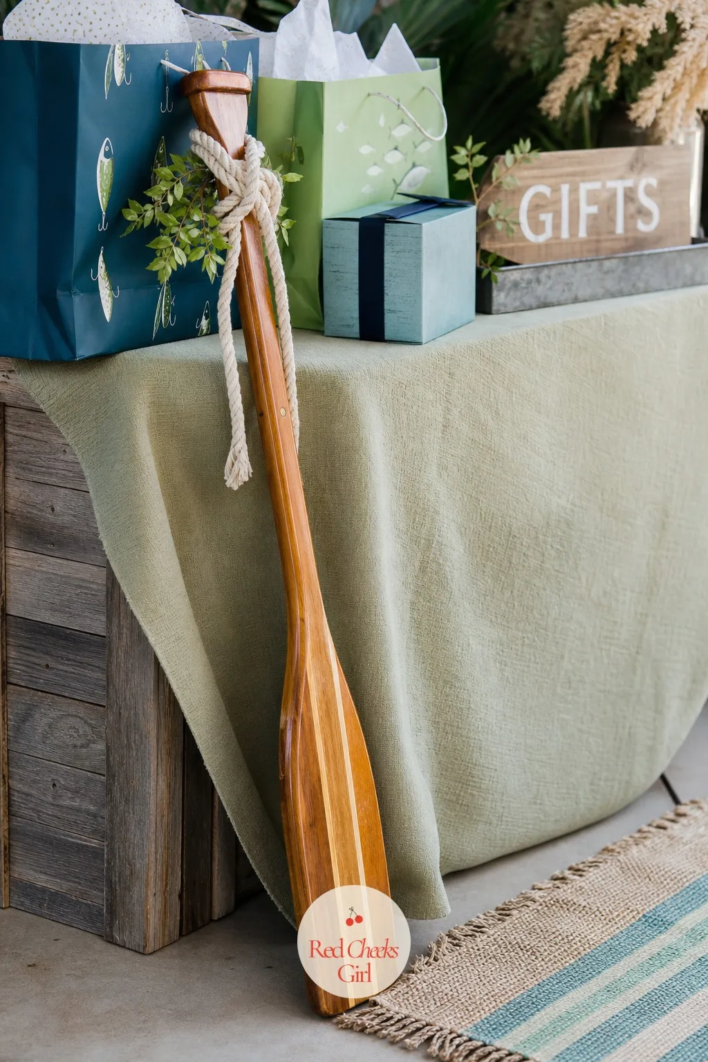 An Oar Leaning Against the Gift Table — A folding table always looks like a folding table until something tall breaks up the horizontal line. Fishing baby