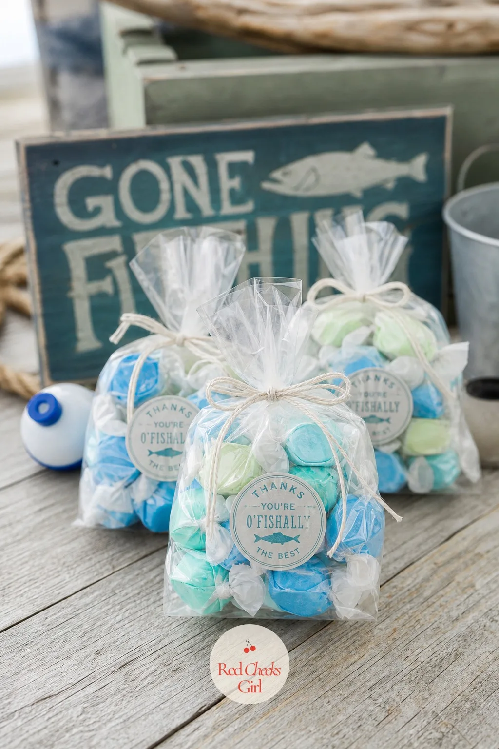 Salt Water Taffy Favors — A favor has to earn its place in someone's bag on the drive home, and candy nearly always does. Fishing baby shower theme