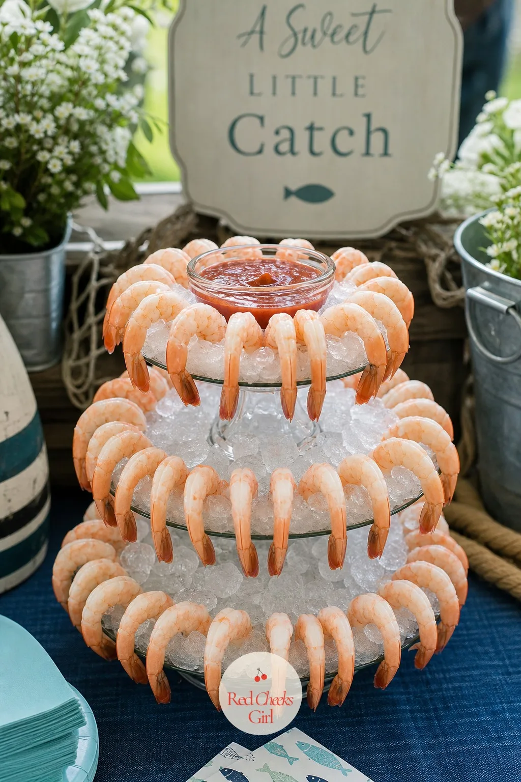 A Shrimp Cocktail Tower — A bowl of shrimp on ice looks fine but disappears into the rest of the spread within an hour. Fishing baby shower theme