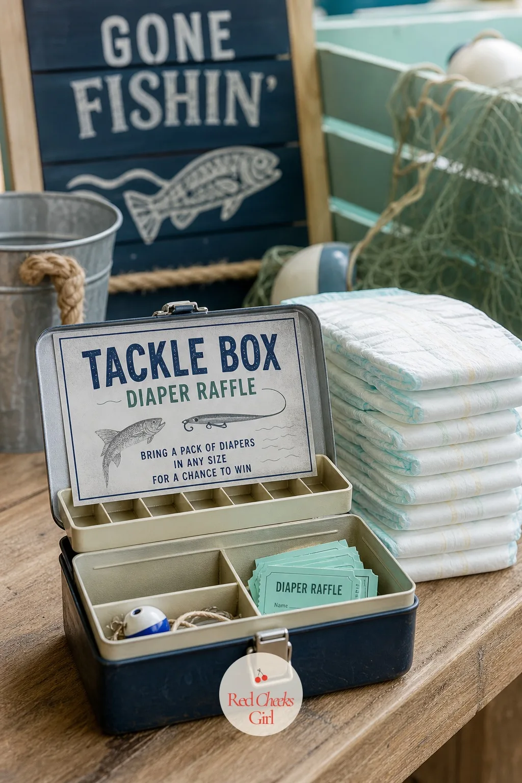 A Tackle Box Diaper Raffle — Asking guests to bring diapers in exchange for raffle tickets works at every shower, but the drop box usually looks like an