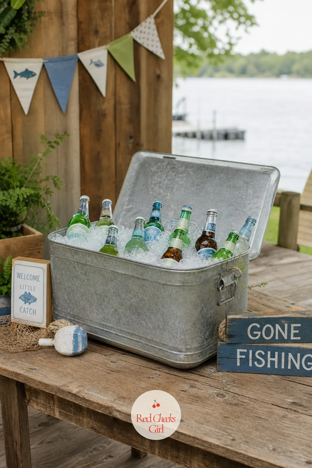 Cooler of Drinks — No one at a fishing family's shower wants to pour from a pitcher, they want to lift a bottle straight out of ice, so a real cooler on the