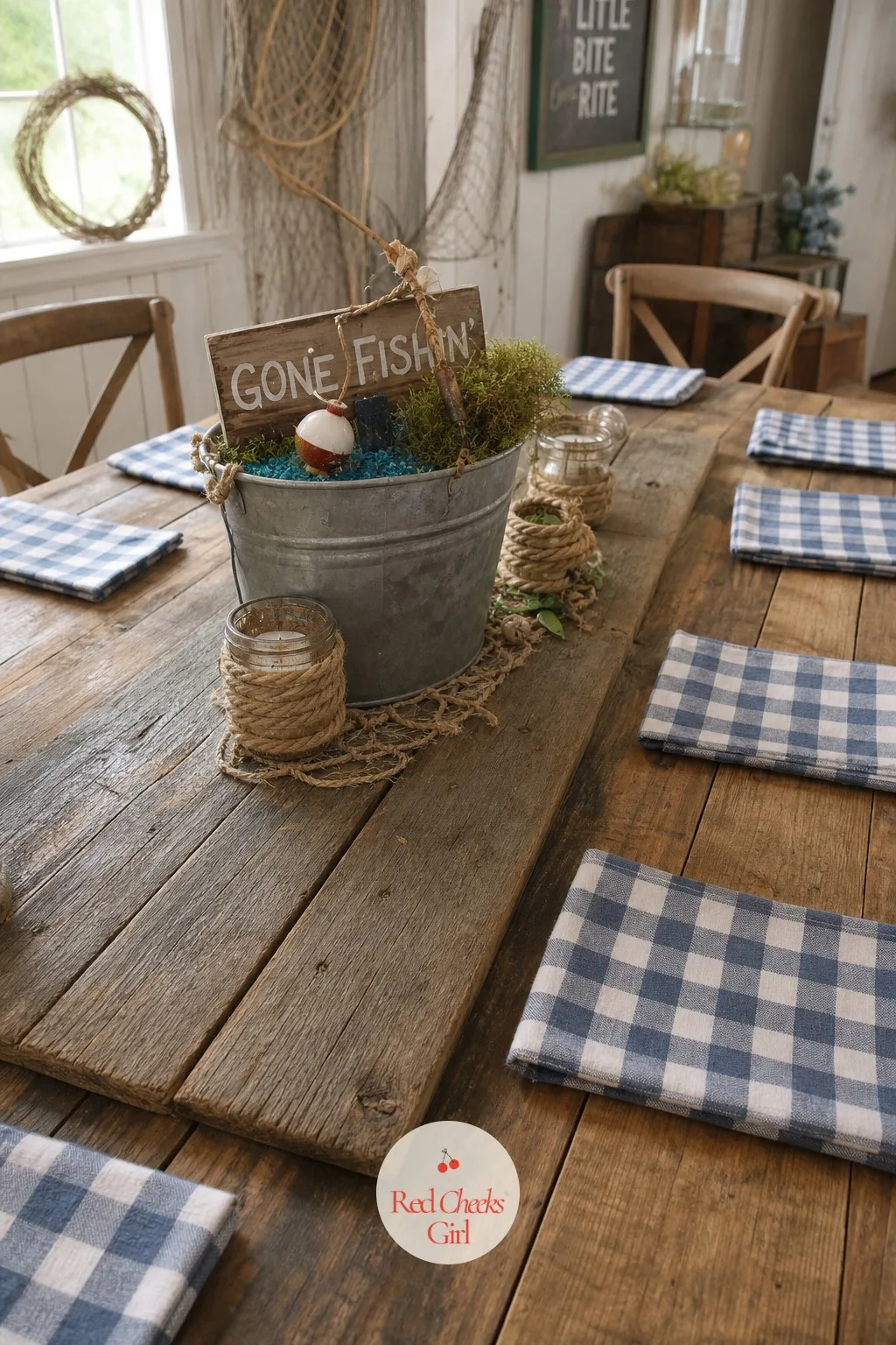 Dock-Style Plank Tables — Guests notice a table that looks like a dock before they notice anything on top of it, which is exactly the effect a wide wood plank