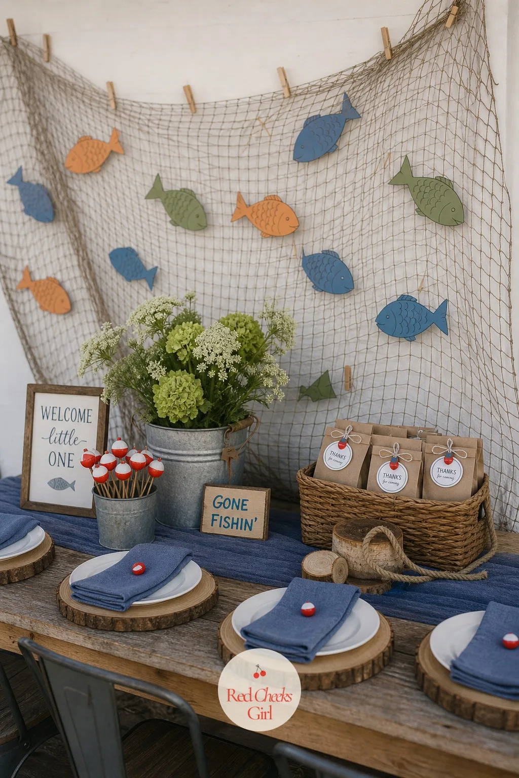 Fishing Net Backdrop with Paper Fish — A net draped loose across a wall does more for the mood than any banner could, because it already looks like it belongs