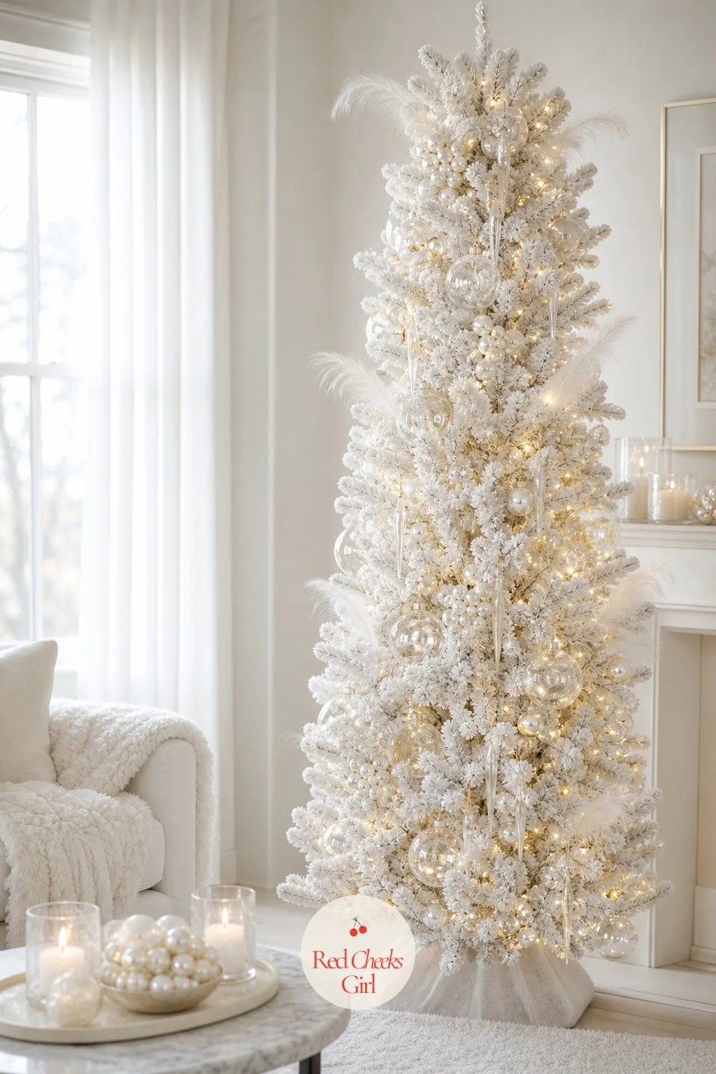The All-White Pearl Minimalist — White on white on white, nothing here fights for attention. Flocked christmas tree ideas