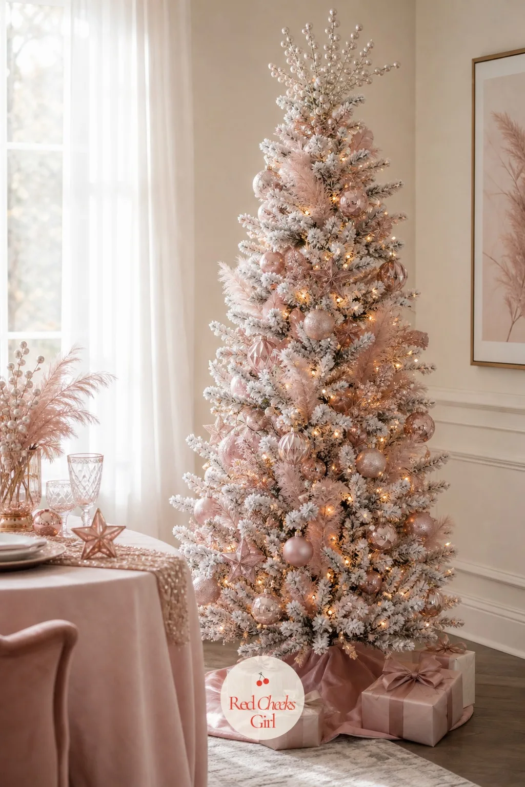The Blush and Rose Gold Flock — Pink under snow sounds like a contradiction until it is standing in front of you, soft rather than sweet. Flocked christmas