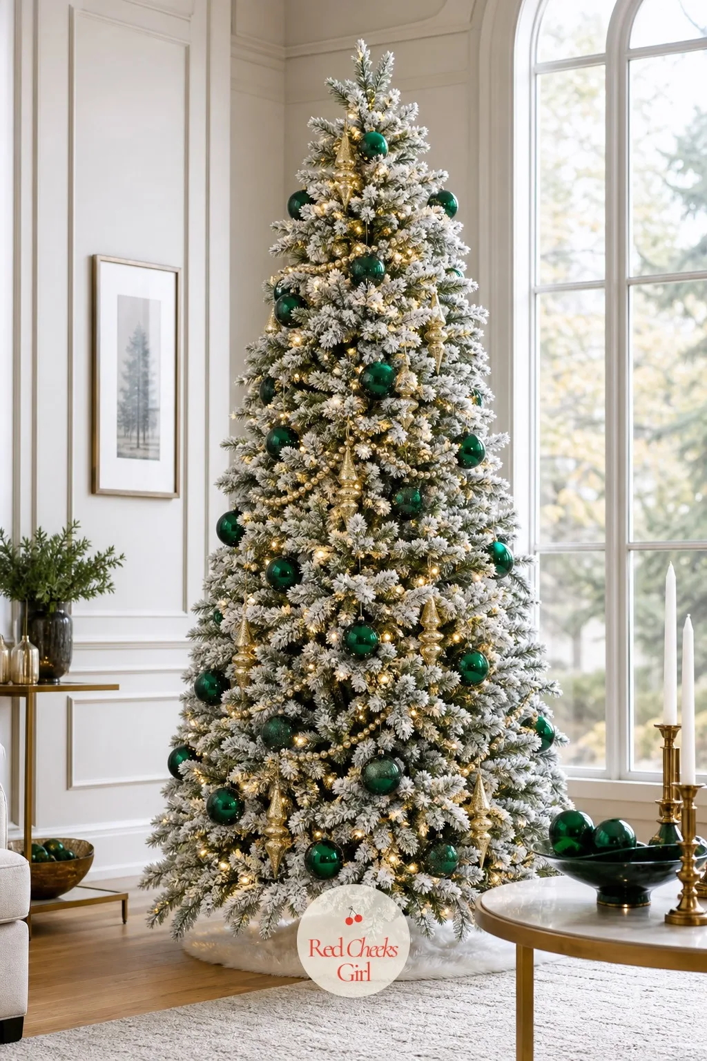 The Emerald Statement Flock — This is the tree for the room big enough to actually hold it, full and wide with snow sitting over deep emerald branches instead