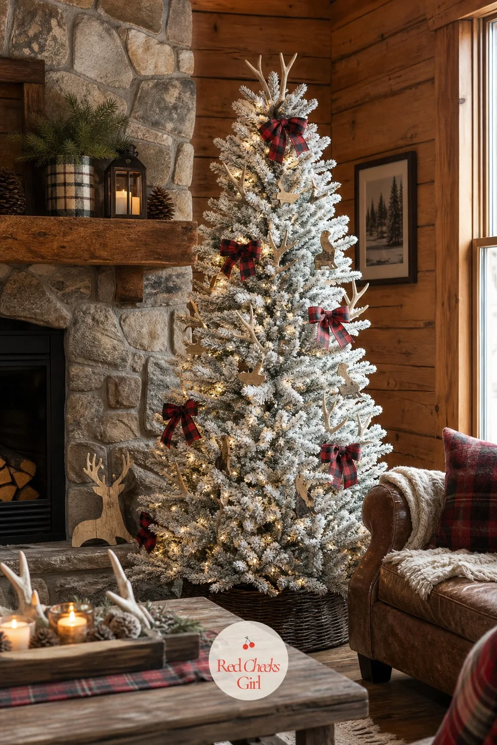 The Flocked Cabin Fir — For the house that leans more cabin than city, flocking still works, it just pairs with plaid and wood instead of glass and metal.
