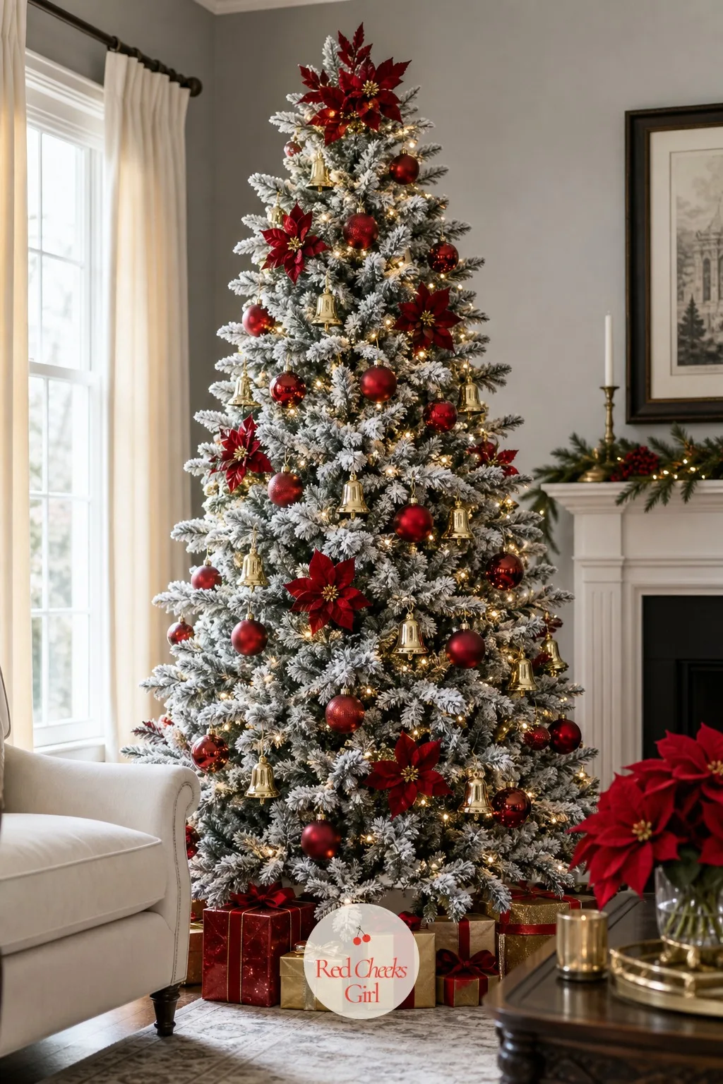 The Fraser in Red and Gold — Snowy does not have to mean cold. Flocked christmas tree ideas